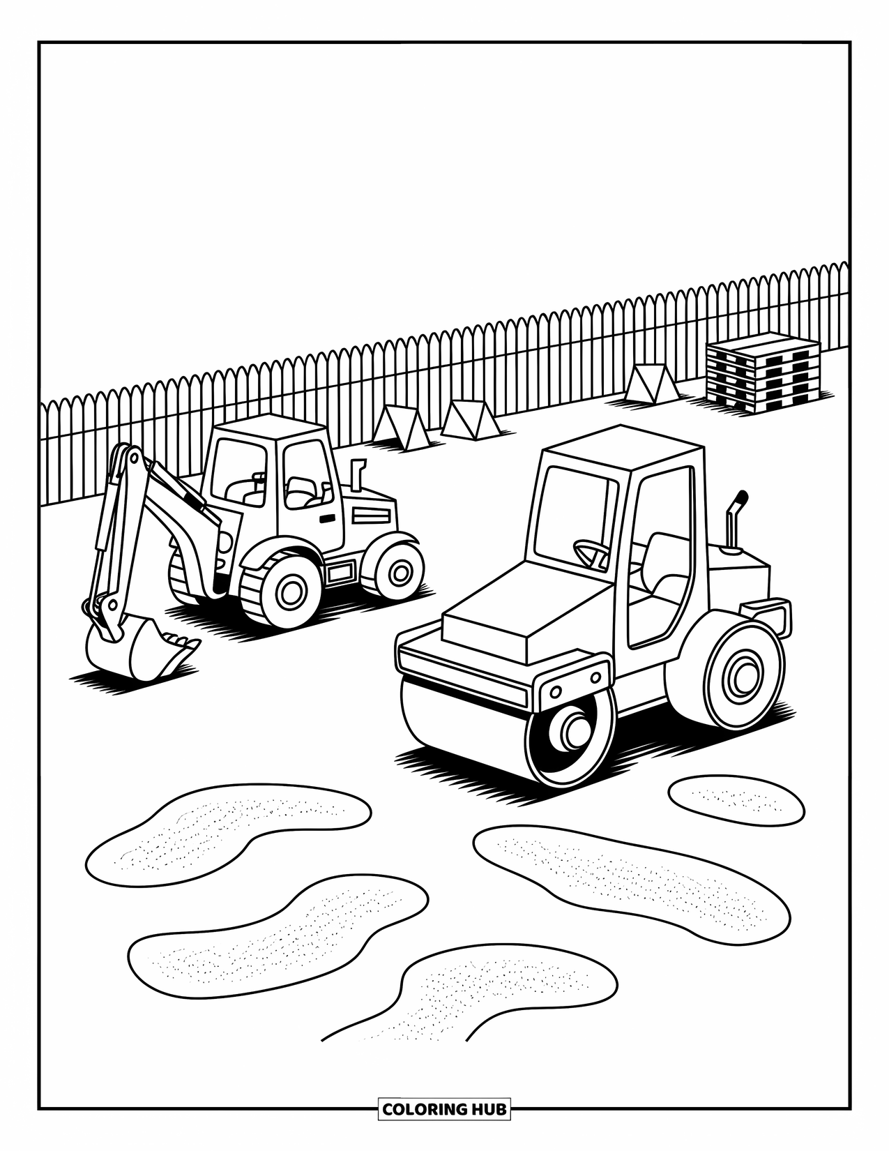 Construction Site Coloring Page for Adults: A backhoe and roller roll along gravel while signs peek from behind the fence
