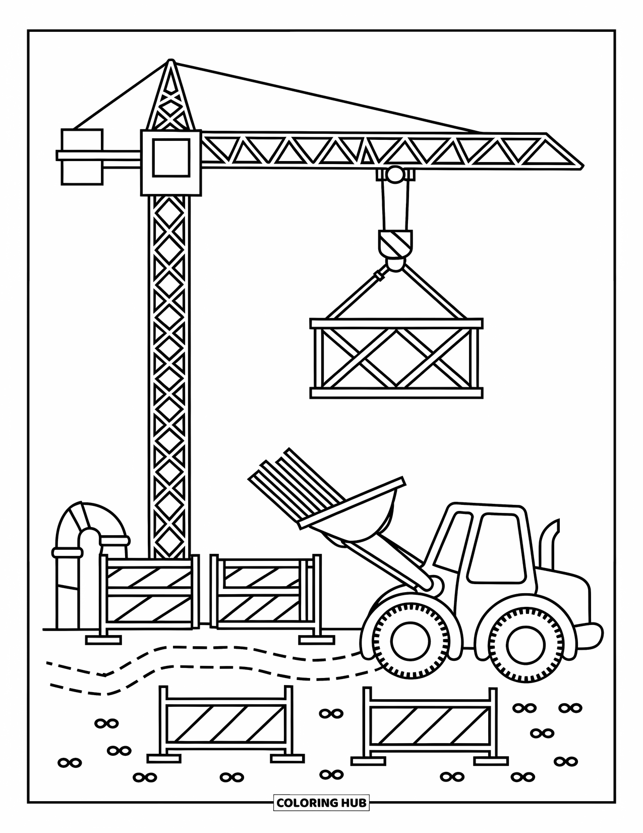 Construction Site Coloring Page for Adults: A crane and loader share a cozy supply zone filled with beams, cones, and pipes