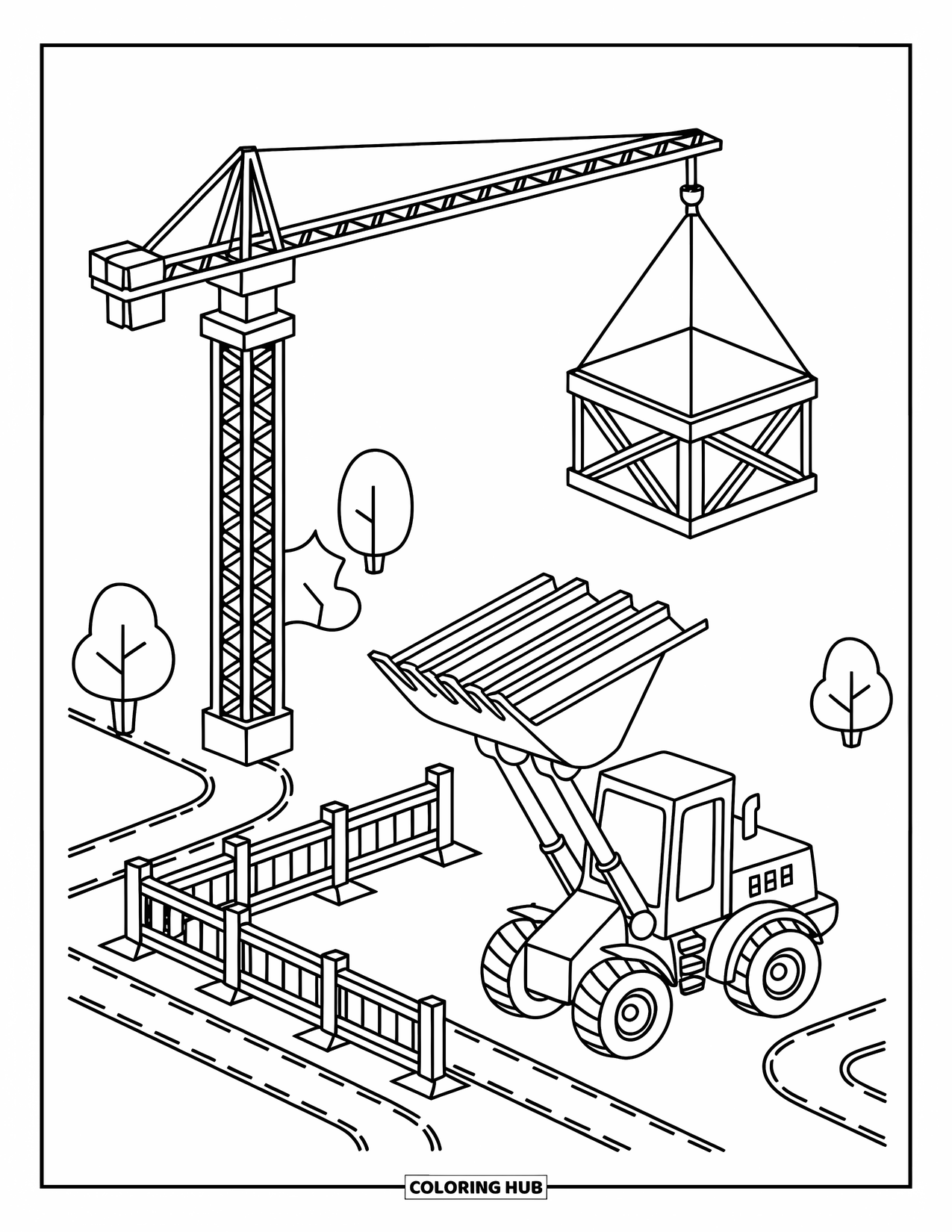 Construction Site Coloring Page for Adults: A crane and loader work near barriers and pipes on a dashed-line pathway