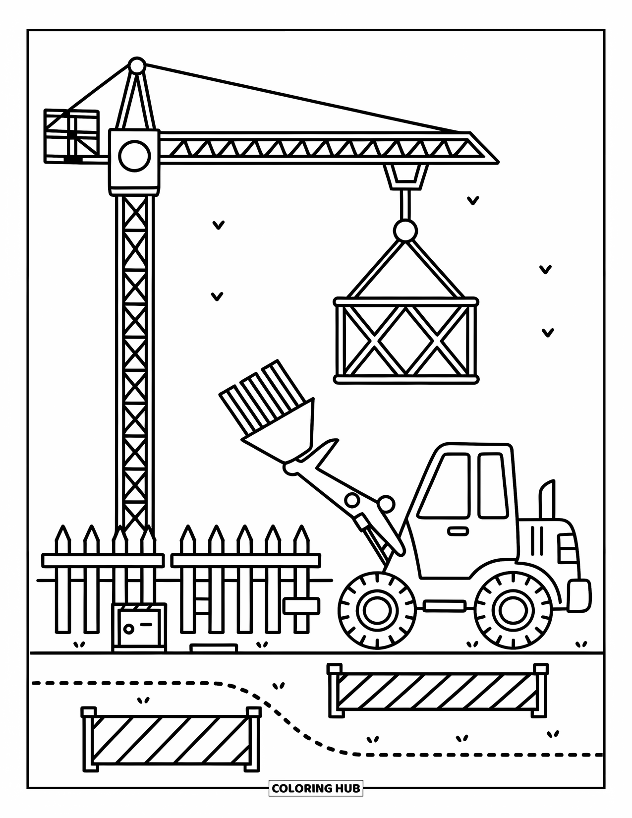Construction Site Coloring Page for Adults: A crane lifts a crate while a loader carries beams near pipes and a ladder