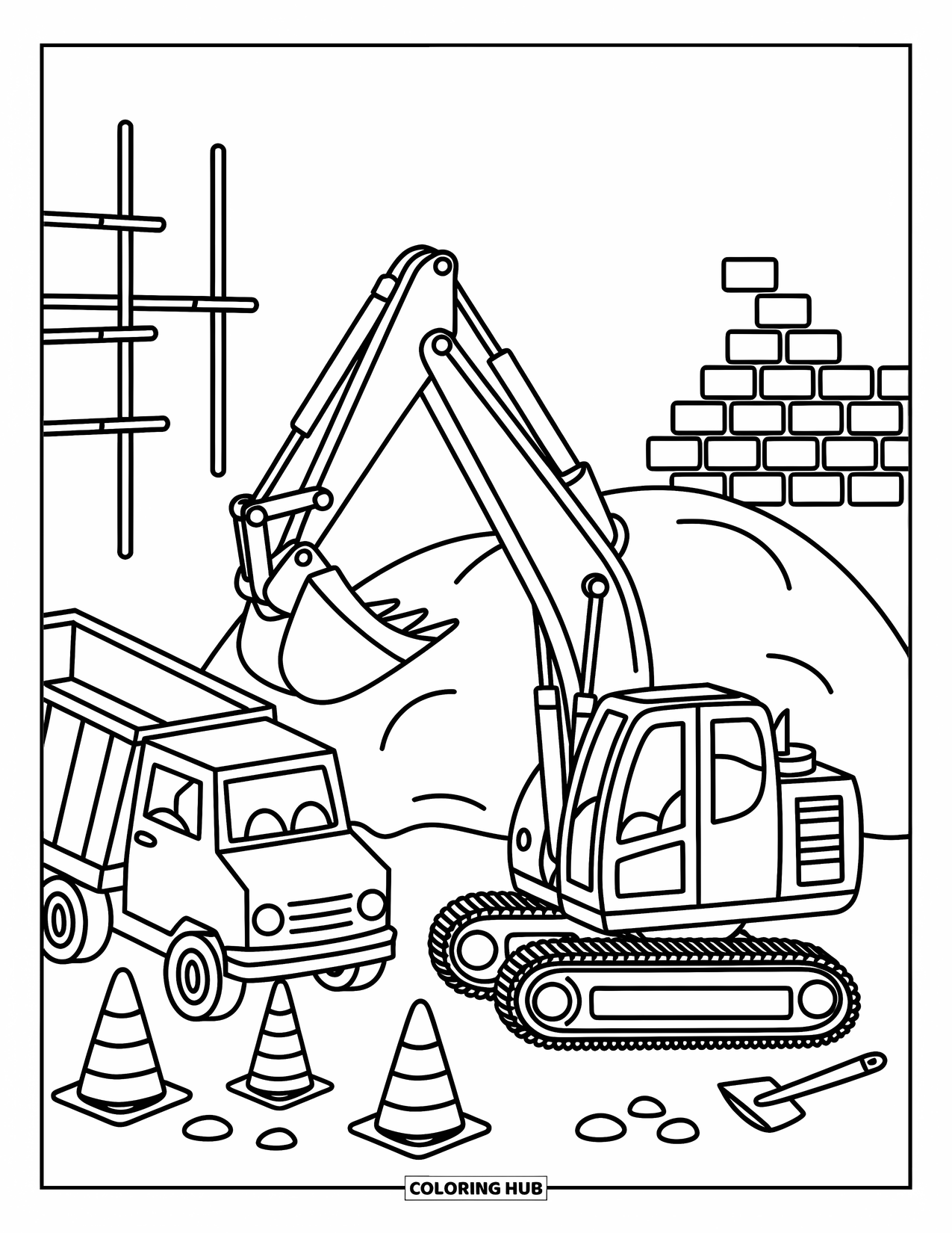 Construction Site Coloring Page for Adults: A digger and dump truck work near cones, bricks, and scattered pebbles