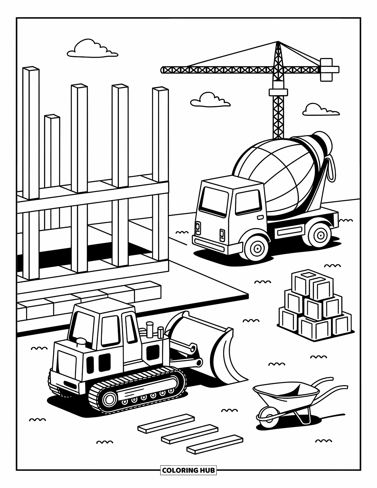 Construction Site Coloring Page for Adults: A dozer clears planks as a mixer rests near beams and a wheelbarrow