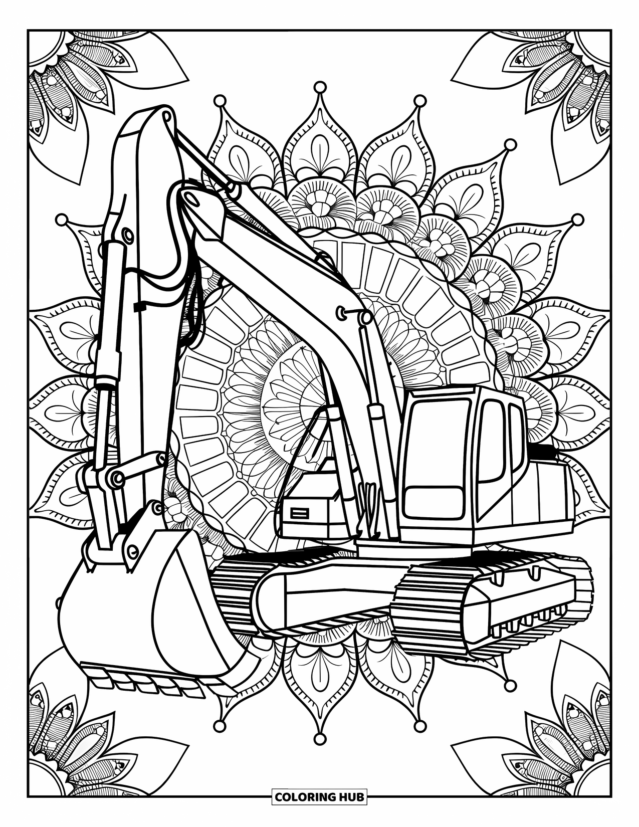 Construction Site Coloring Page for Adults: A floral mandala and gears wrap around an excavator with a vintage touch