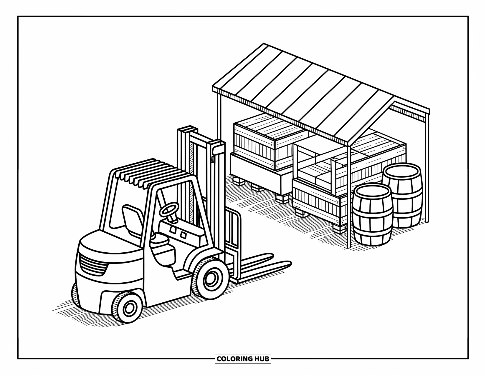 Construction Site Coloring Page for Adults: A forklift turns toward a cozy truck beside crates, barrels, and a soft hatch-lined path