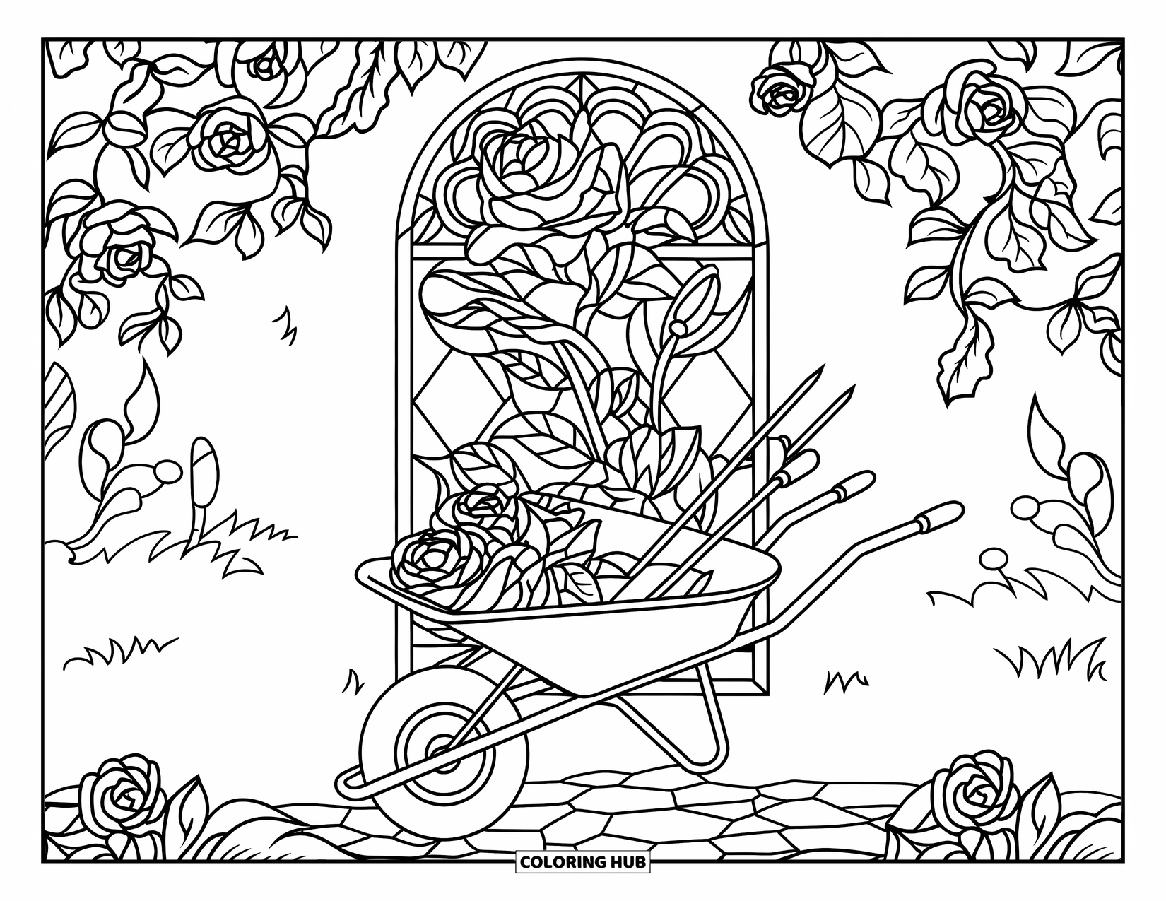 Construction Site Coloring Page for Adults: A garden path surrounds a wheelbarrow and tools framed in rose-filled stained glass