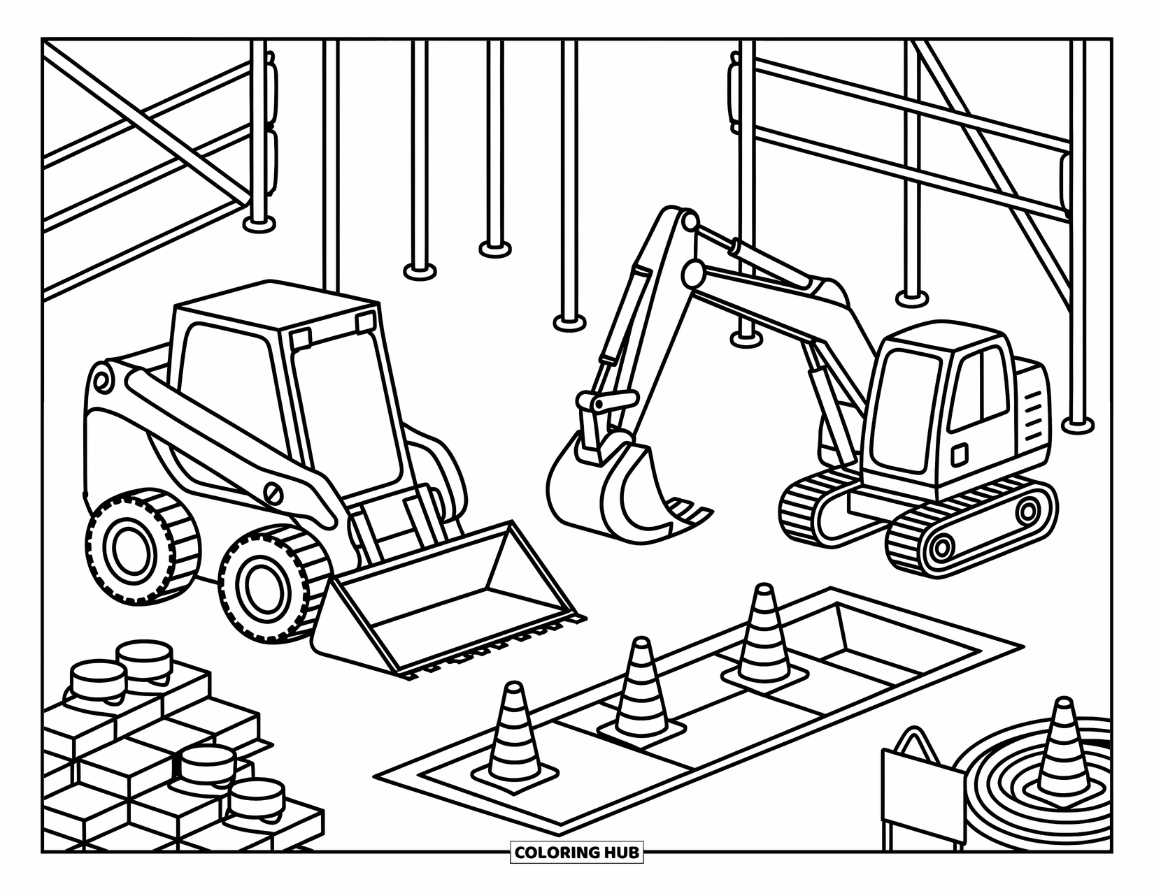 Construction Site Coloring Page for Adults: A loader and excavator work near a trench lined with cones and cozy construction tools