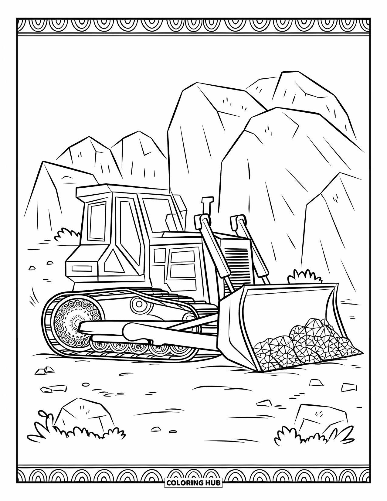 Construction Site Coloring Page for Adults: A mandala-decorated bulldozer pushes rocks inside a decorative leafy border