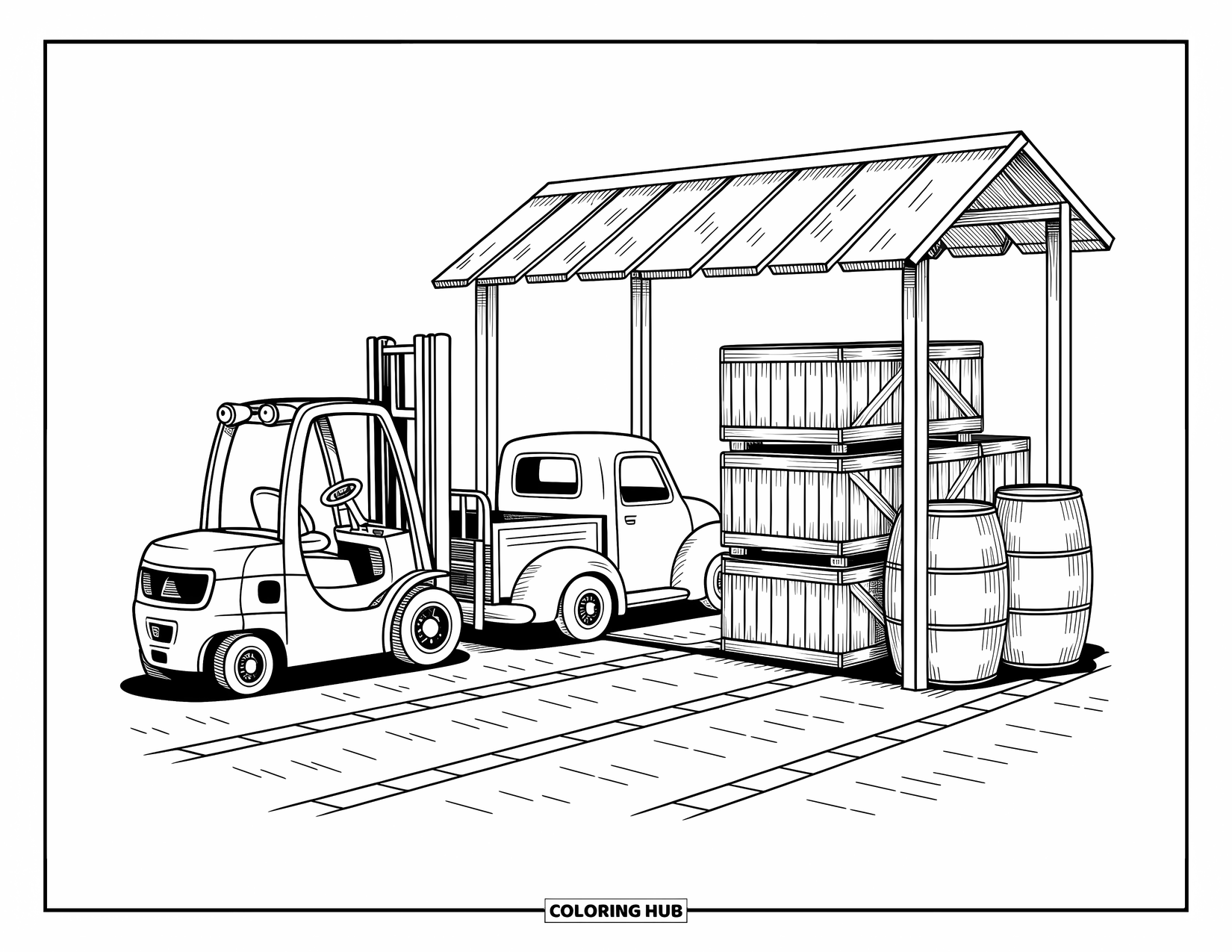 Construction Site Coloring Page for Adults: A small forklift moves near a truck under a canopy of crates and barrels