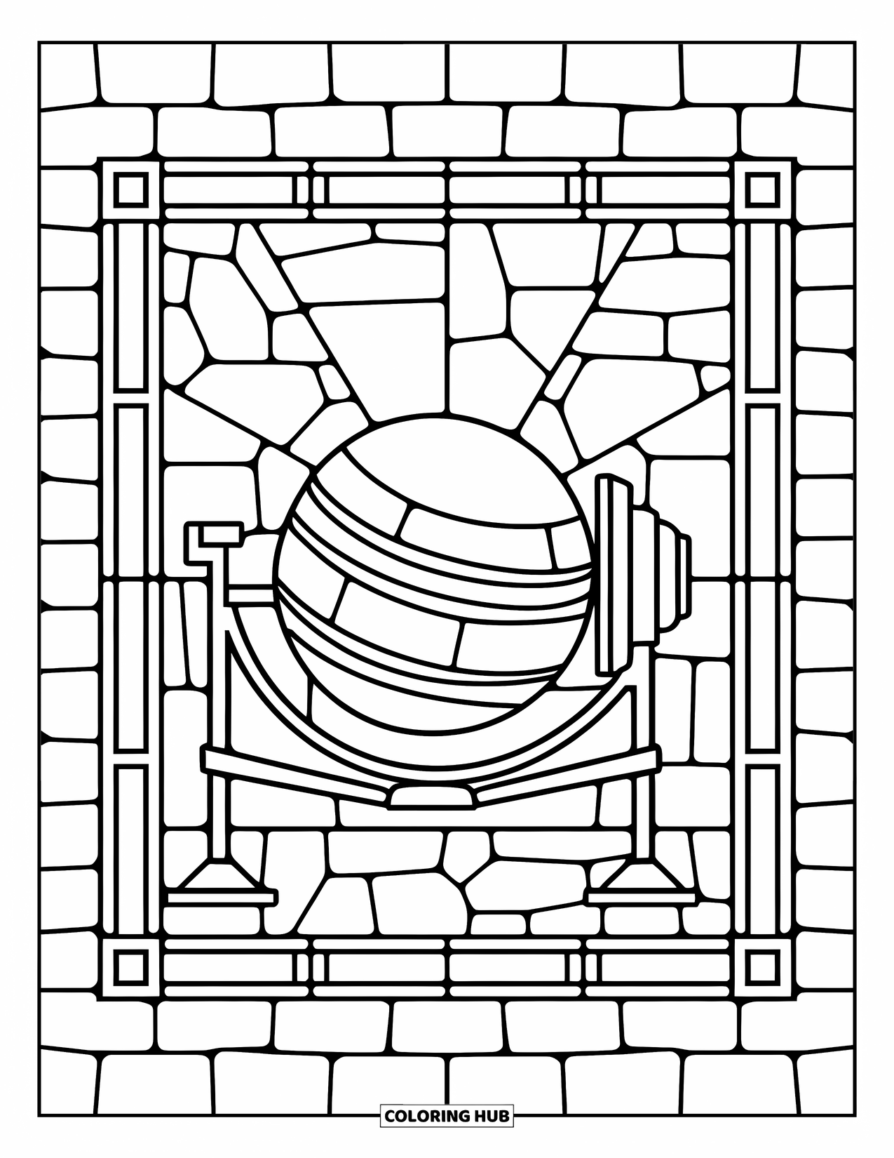 Construction Site Coloring Page for Adults: A stained-glass frame surrounds a cement mixer by a brick wall
