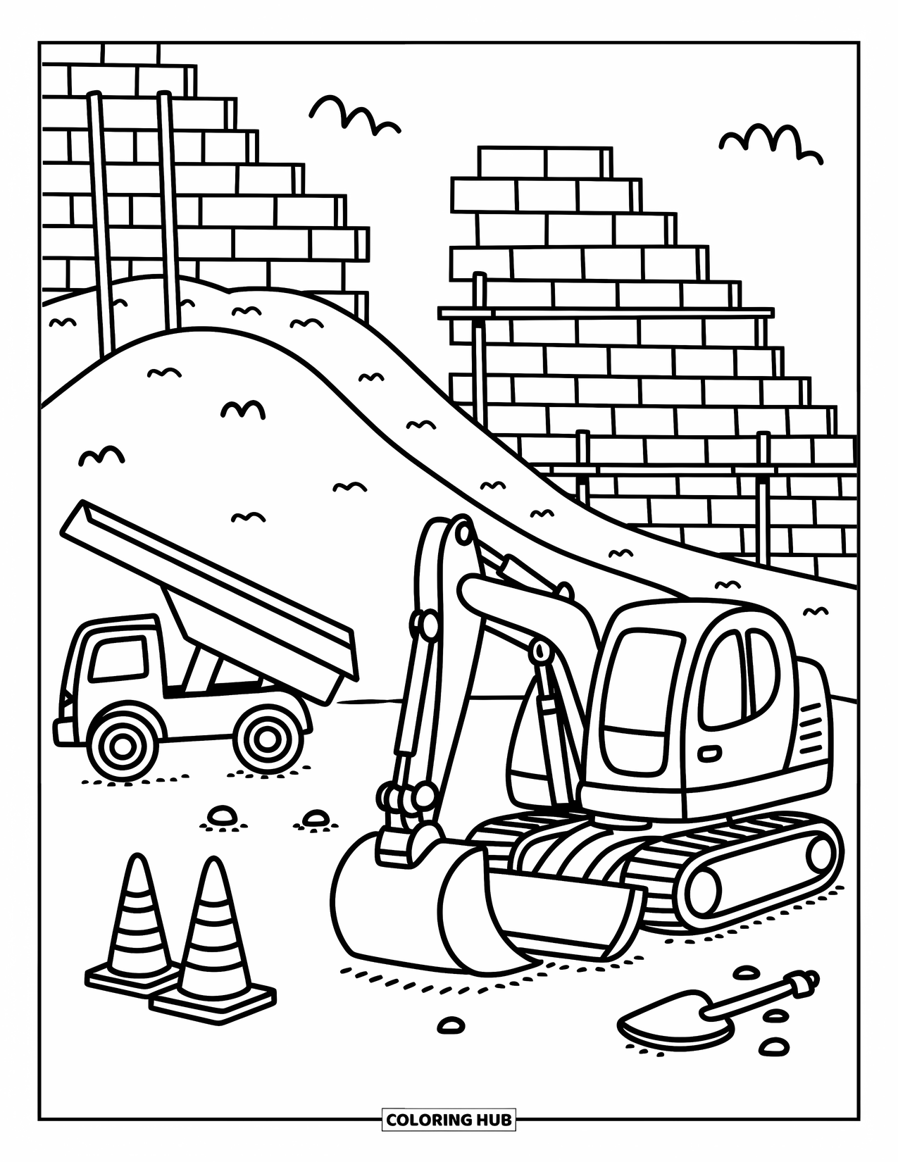 Construction Site Coloring Page for Adults: An excavator digs beside a tilted dump truck and a cozy brick wall