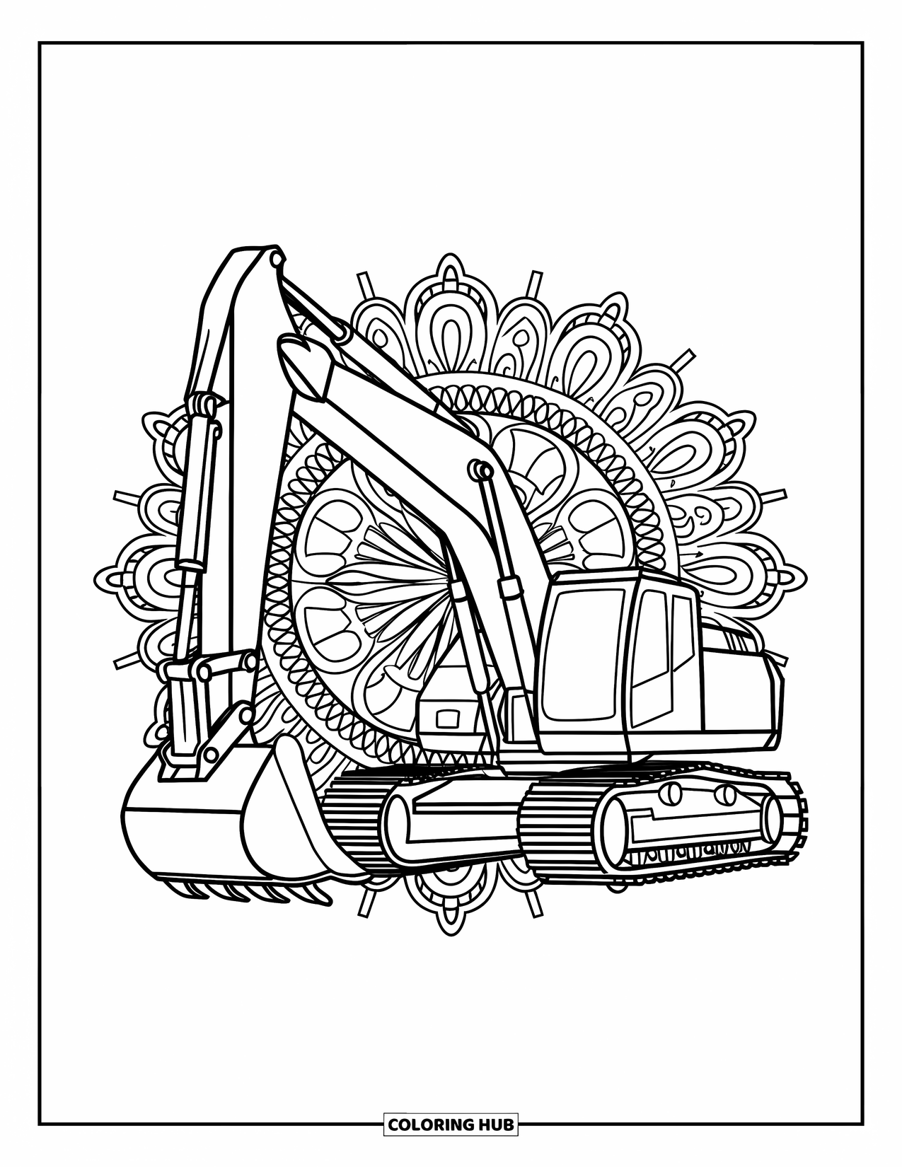 Construction Site Coloring Page for Adults: An excavator is surrounded by gears and intricate mandala-style floral patterns