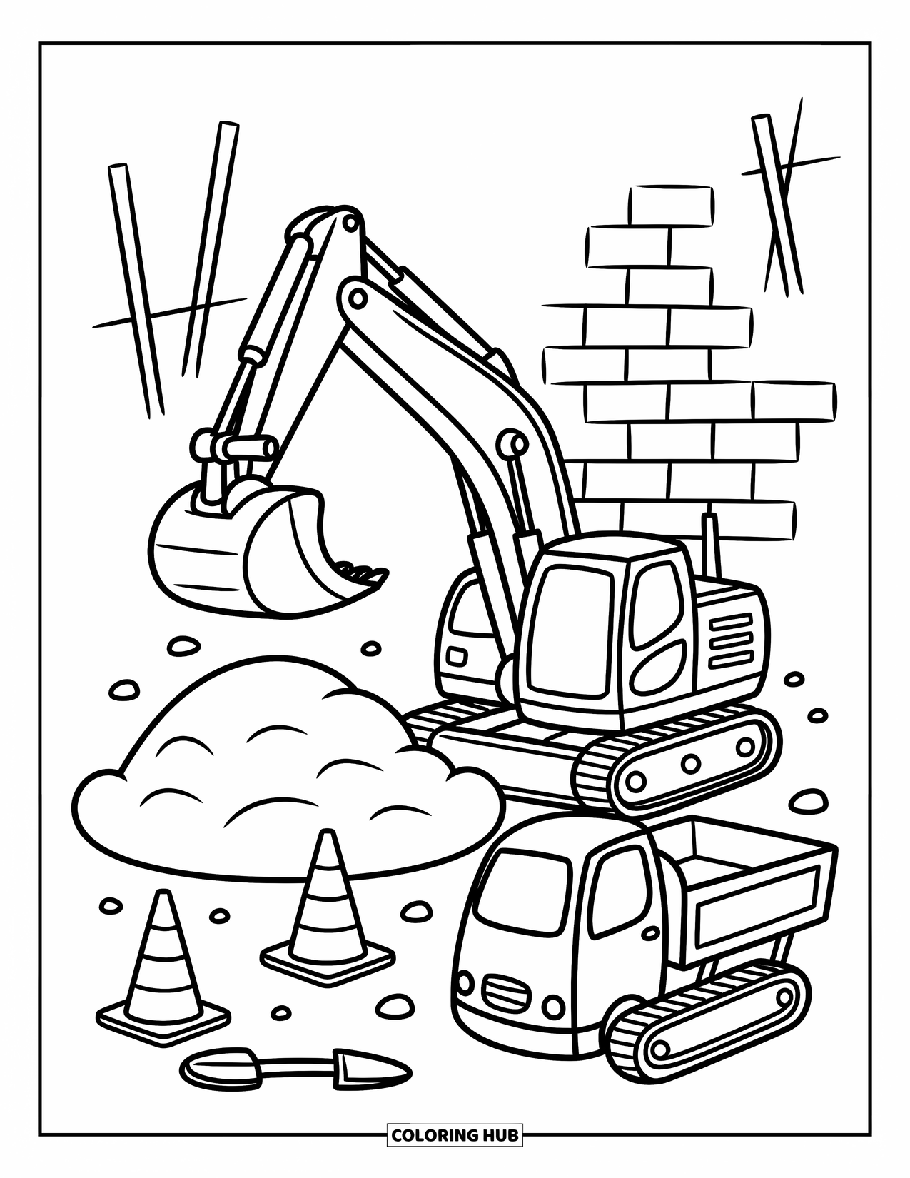 Construction Site Coloring Page for Adults: An excavator lowers its scoop near a dump truck and playful traffic cones