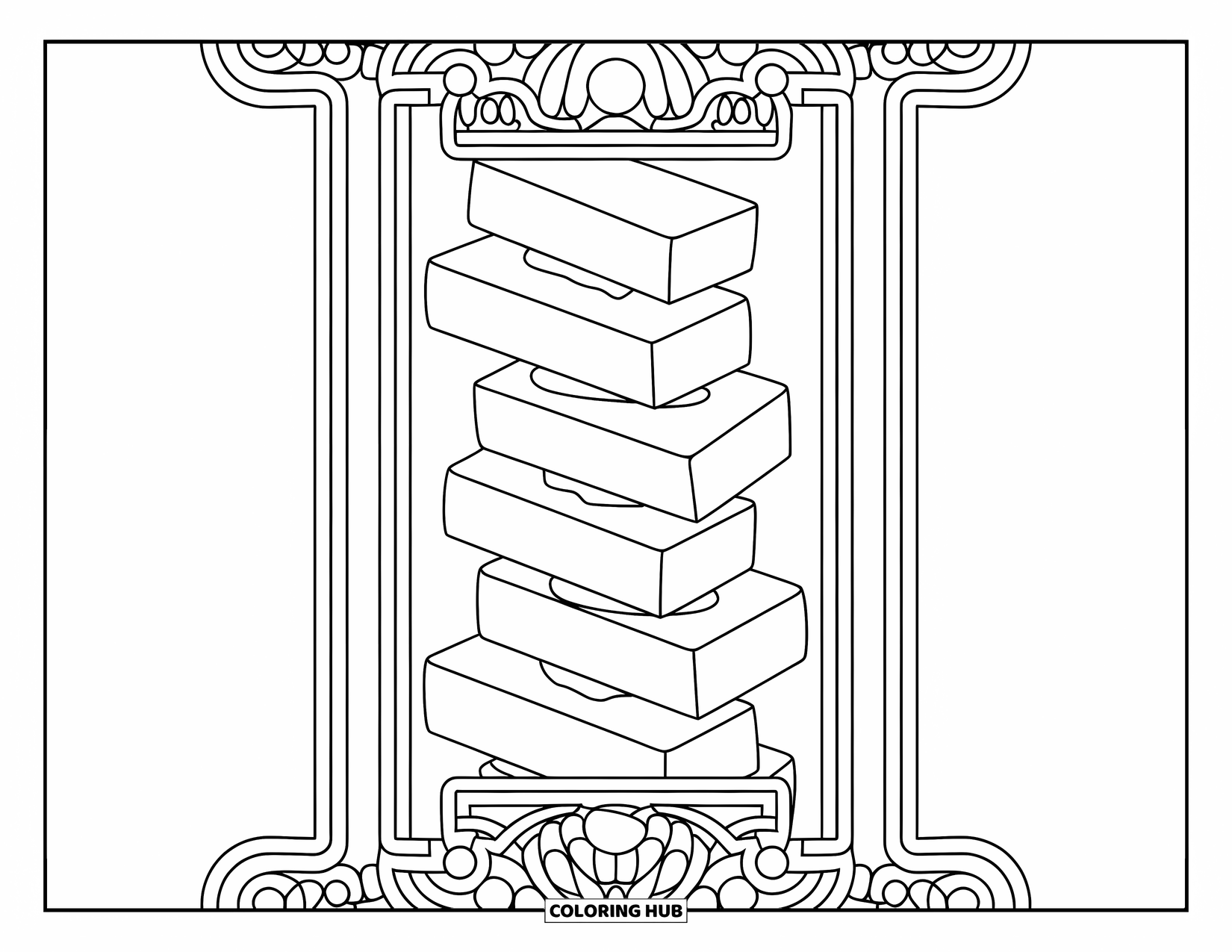 Construction Site Coloring Page for Adults: Ornate borders frame a clean stack of bricks in a relaxing floral style