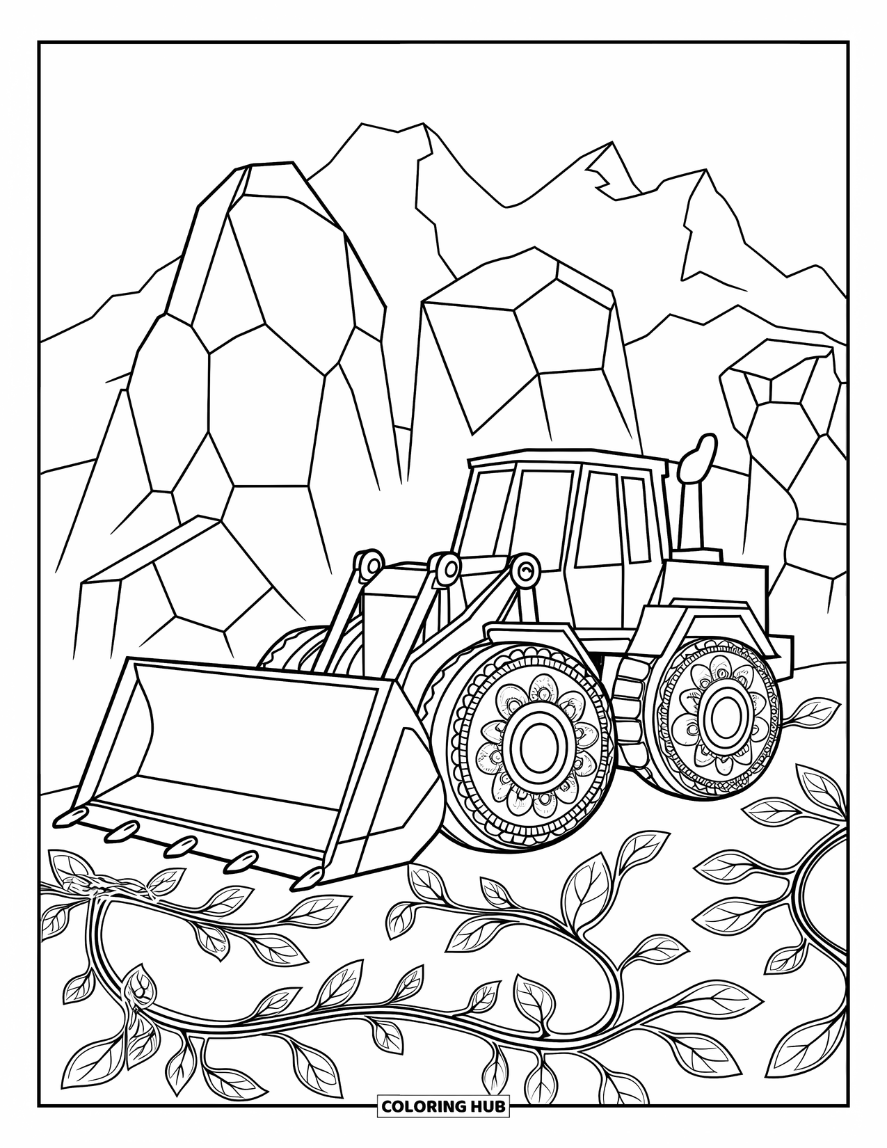 Construction Site Coloring Page for Adults: Swirling wheels and vines decorate a bulldozer clearing rocks in a scenic valley