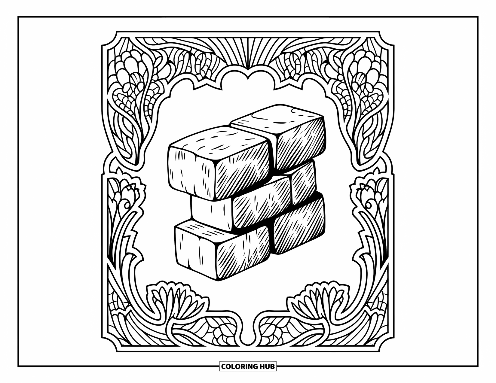 Construction Site Coloring Page for Adults: Textured bricks rest inside a decorative frame filled with flowers and vines