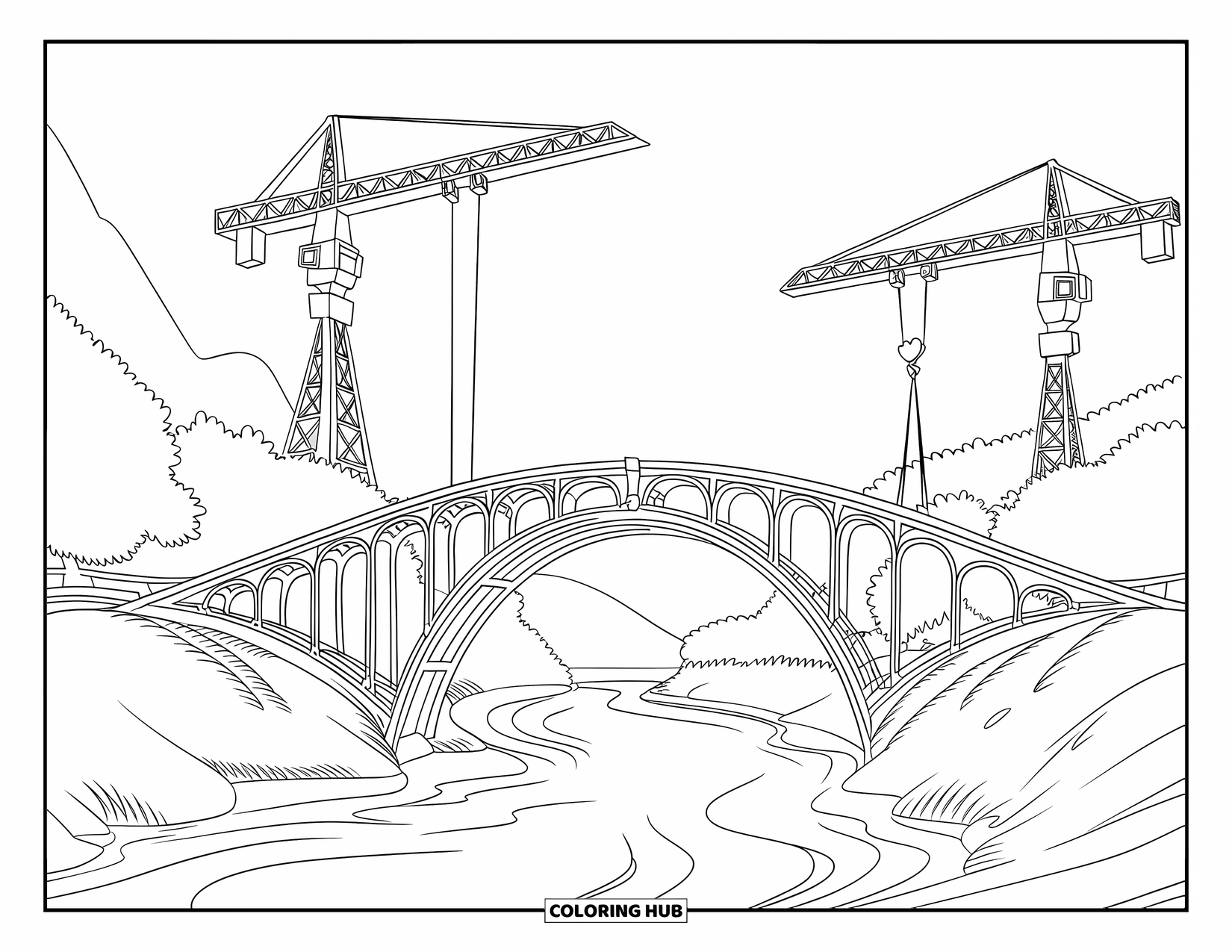 Construction Site Coloring Page for Kids: A bridge with arches is under construction beside trees and flowing water