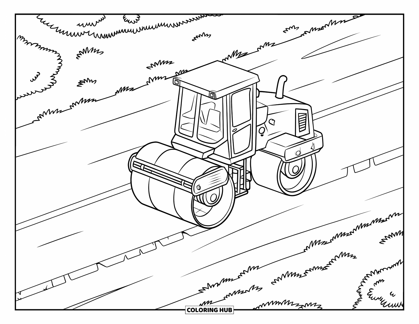 Construction Site Coloring Page for Kids: A bright roller flattens grassland as it moves forward leaving fresh tracks