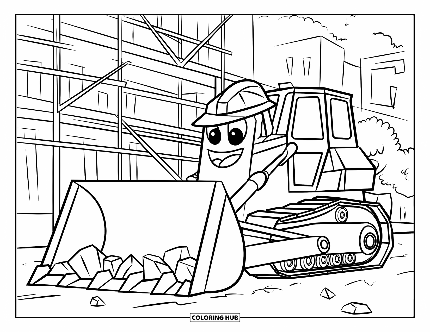 Construction Site Coloring Page for Kids: A bulldozer with a hard hat clears rocks in front of scaffolding