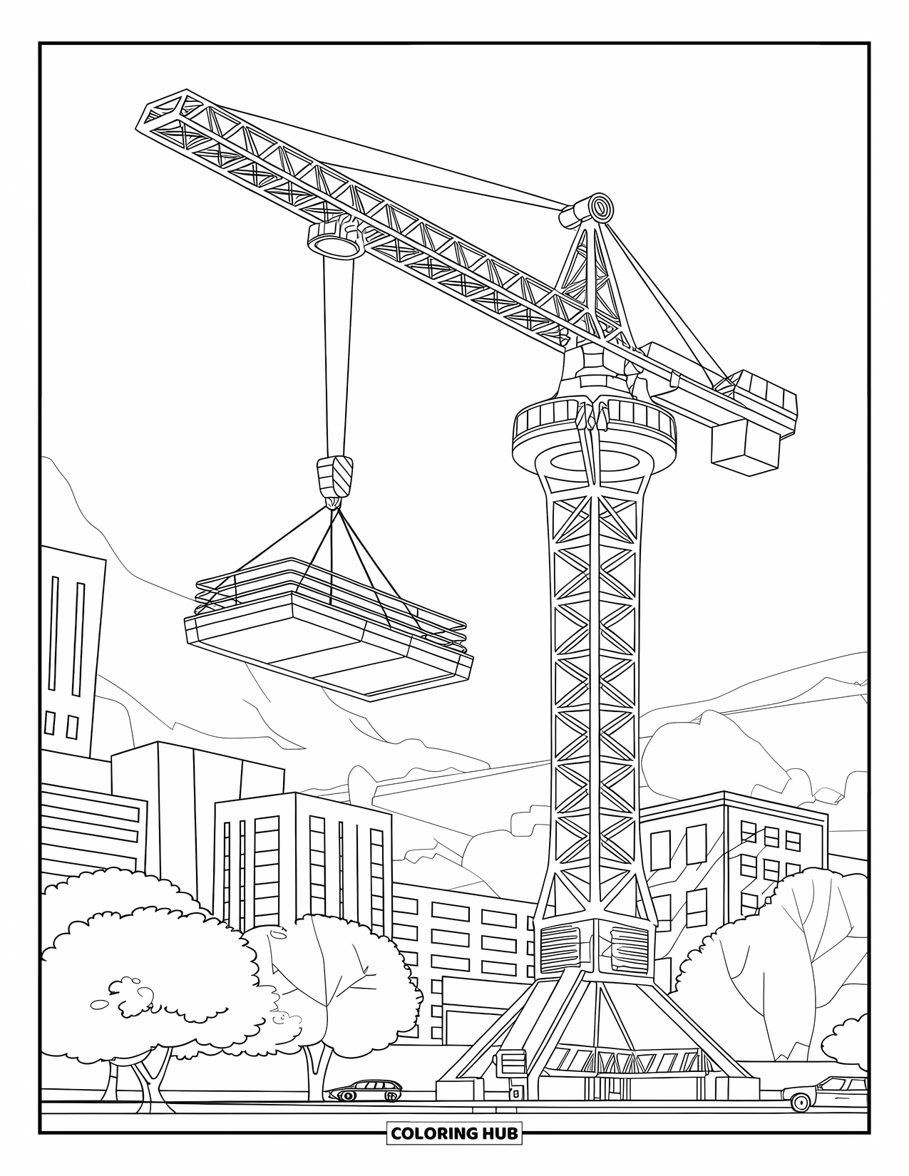 Construction Site Coloring Page for Kids: A city skyline surrounds a crane lifting a platform into the sky