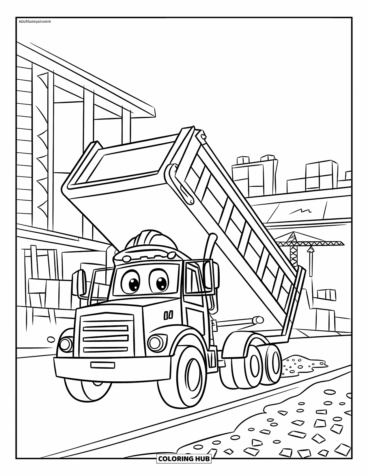 Construction Site Coloring Page for Kids: A dump truck unloads gravel at a half-built construction site