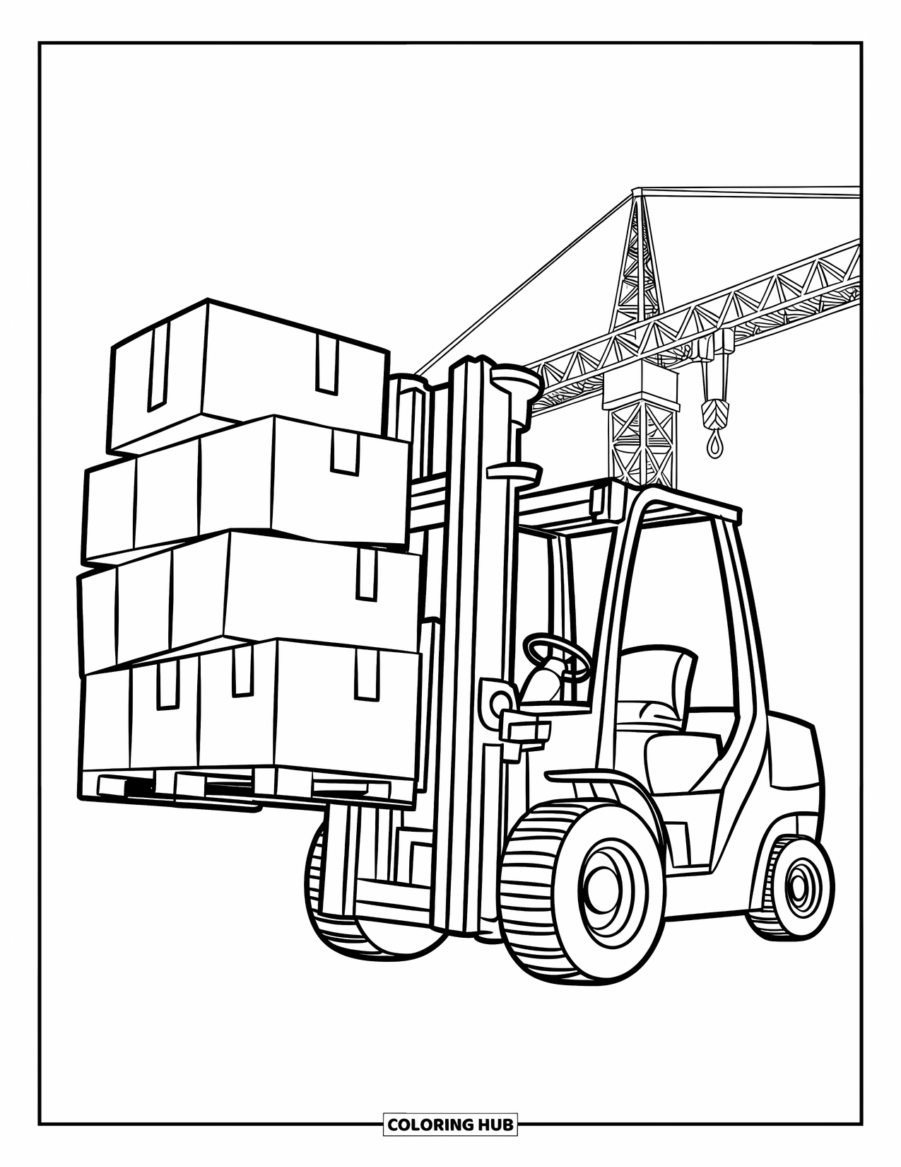 Construction Site Coloring Page for Kids: A forklift carries stacked boxes while a crane towers behind it