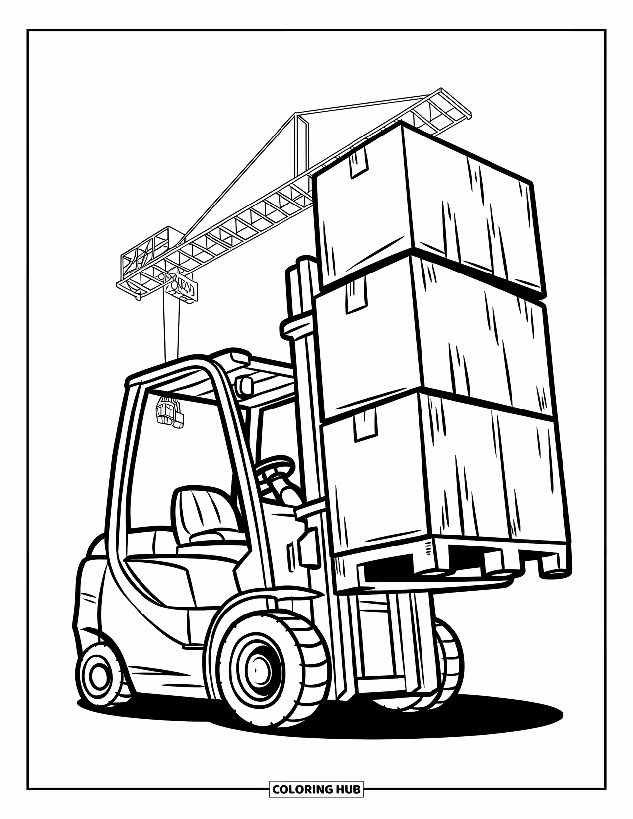 Construction Site Coloring Page for Kids: A forklift moves boxes across a site with a crane nearby