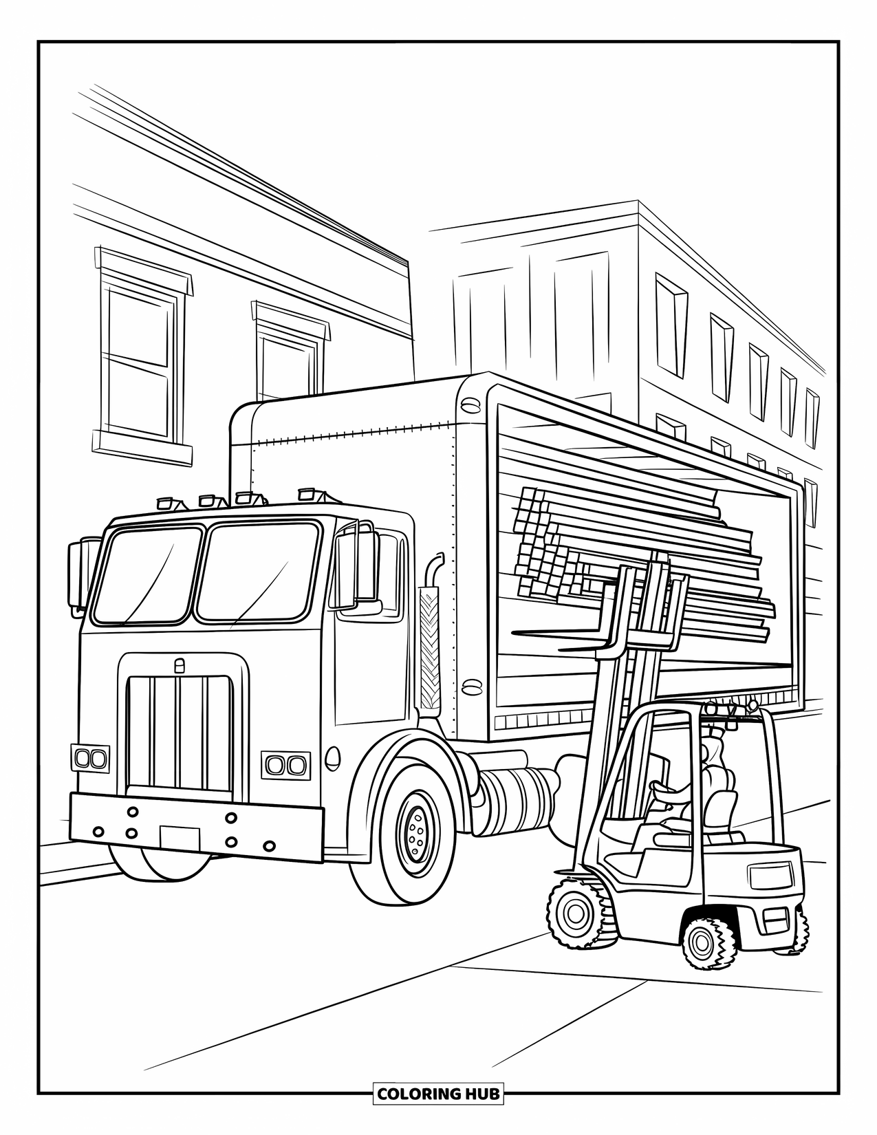 Construction Site Coloring Page for Kids: A forklift unloads beams from a truck with buildings in the background