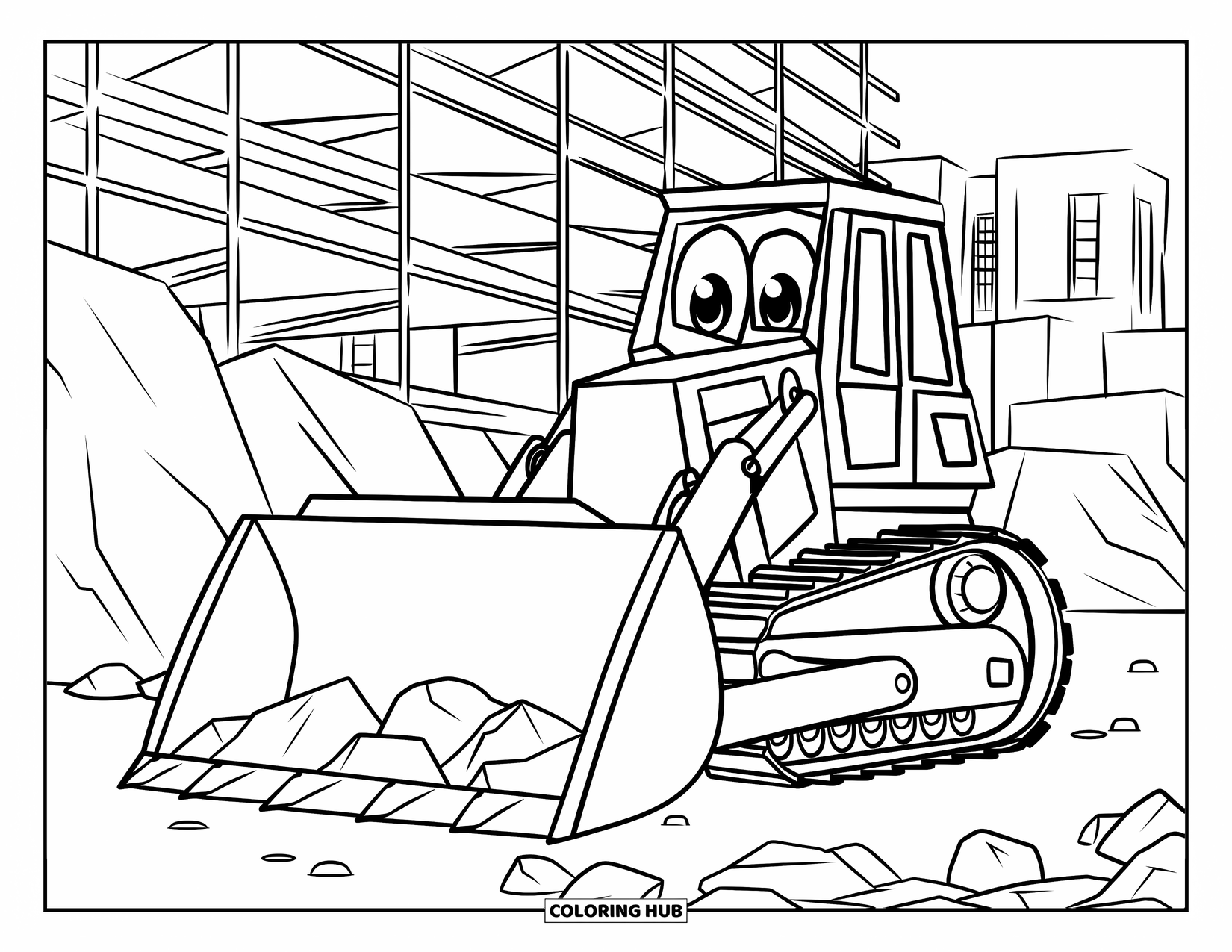 Construction Site Coloring Page for Kids: A happy bulldozer clears rocks beside buildings and construction poles