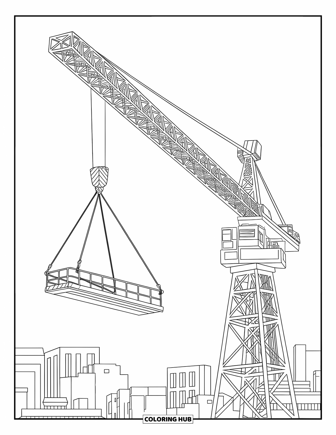 Construction Site Coloring Page for Kids: A long crane raises a platform above tall city buildings