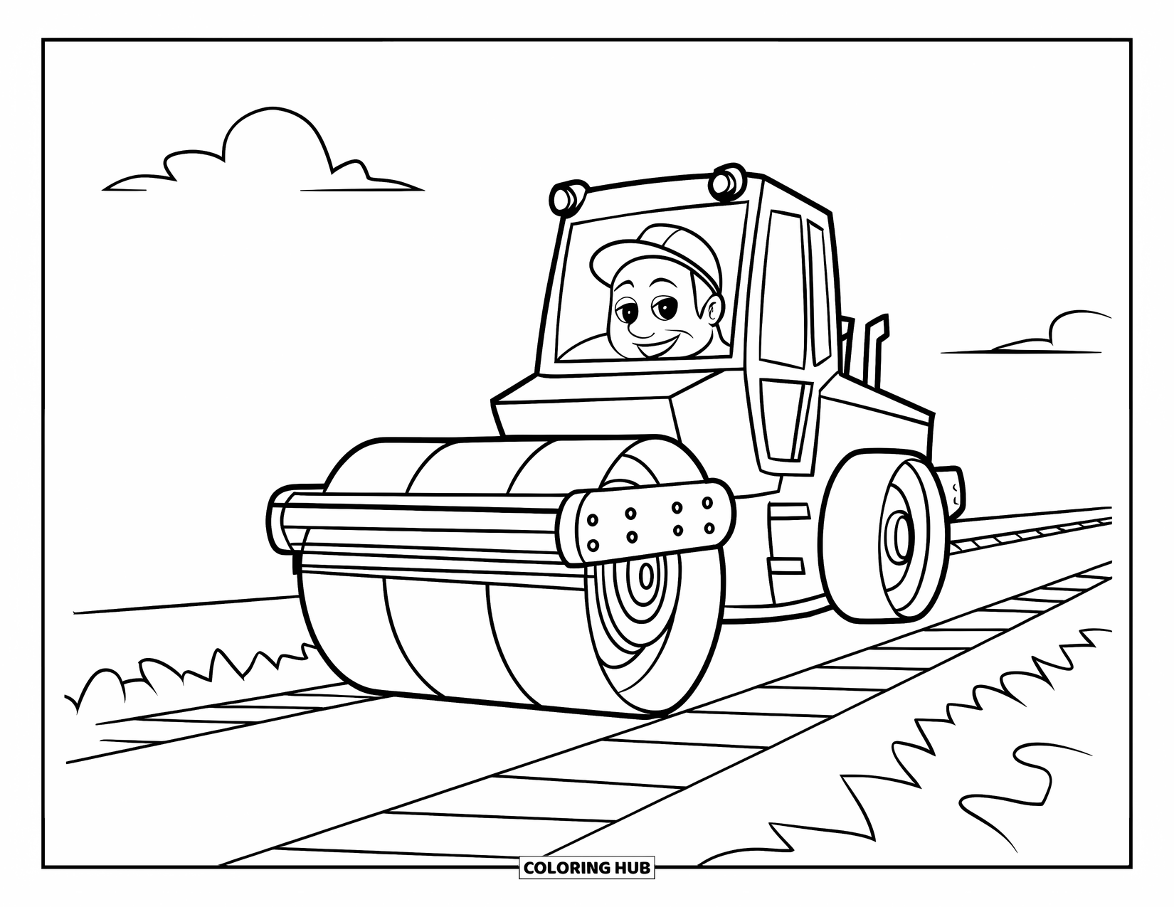 Construction Site Coloring Page for Kids: A road roller flattens the ground with tracks behind and a big cheerful smile