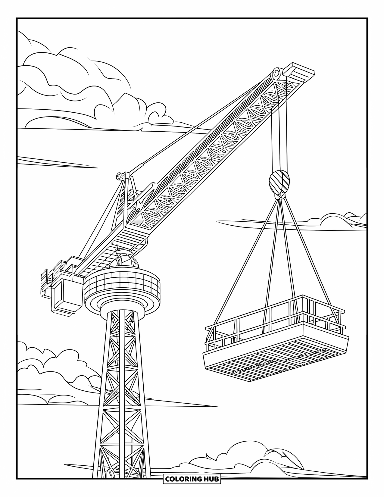 Construction Site Coloring Page for Kids: A spiraling crane lifts a platform under a bright sky full of clouds
