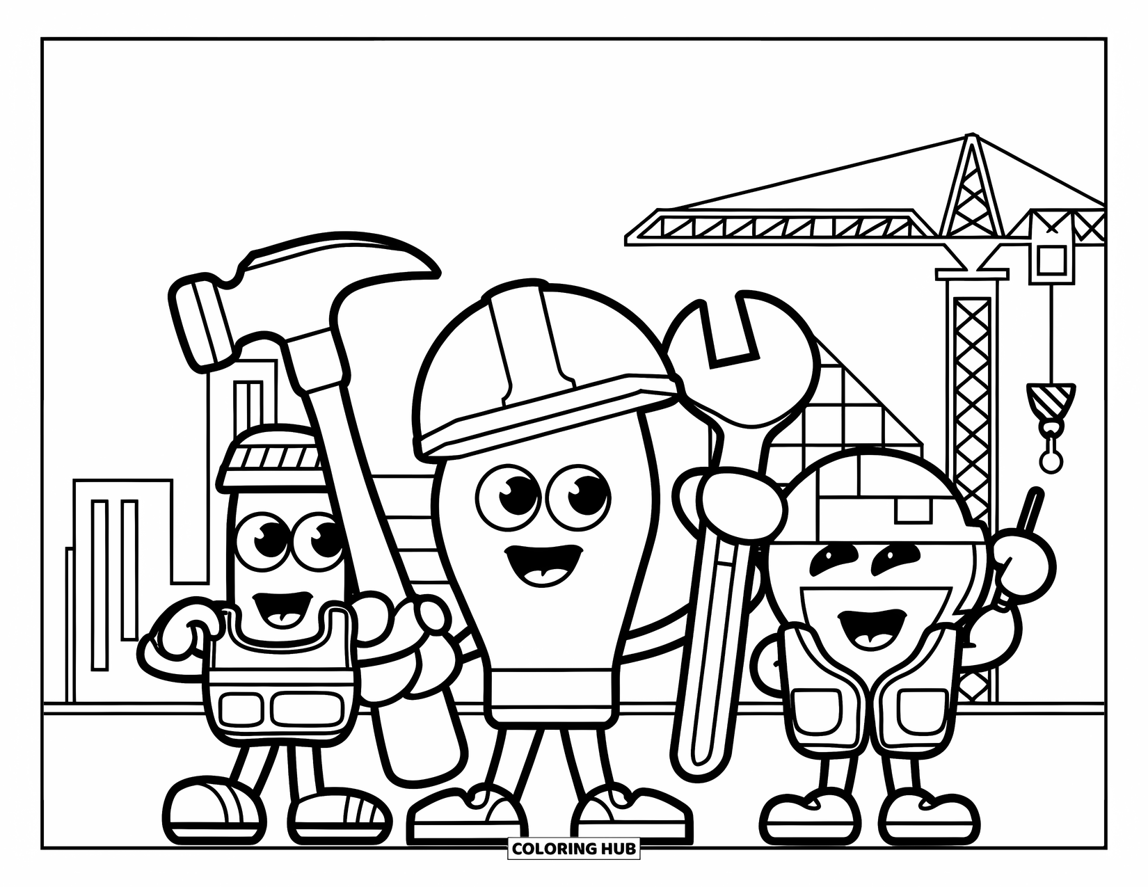 Construction Site Coloring Page for Kids: A team of smiling tools stands proudly at a fun construction site