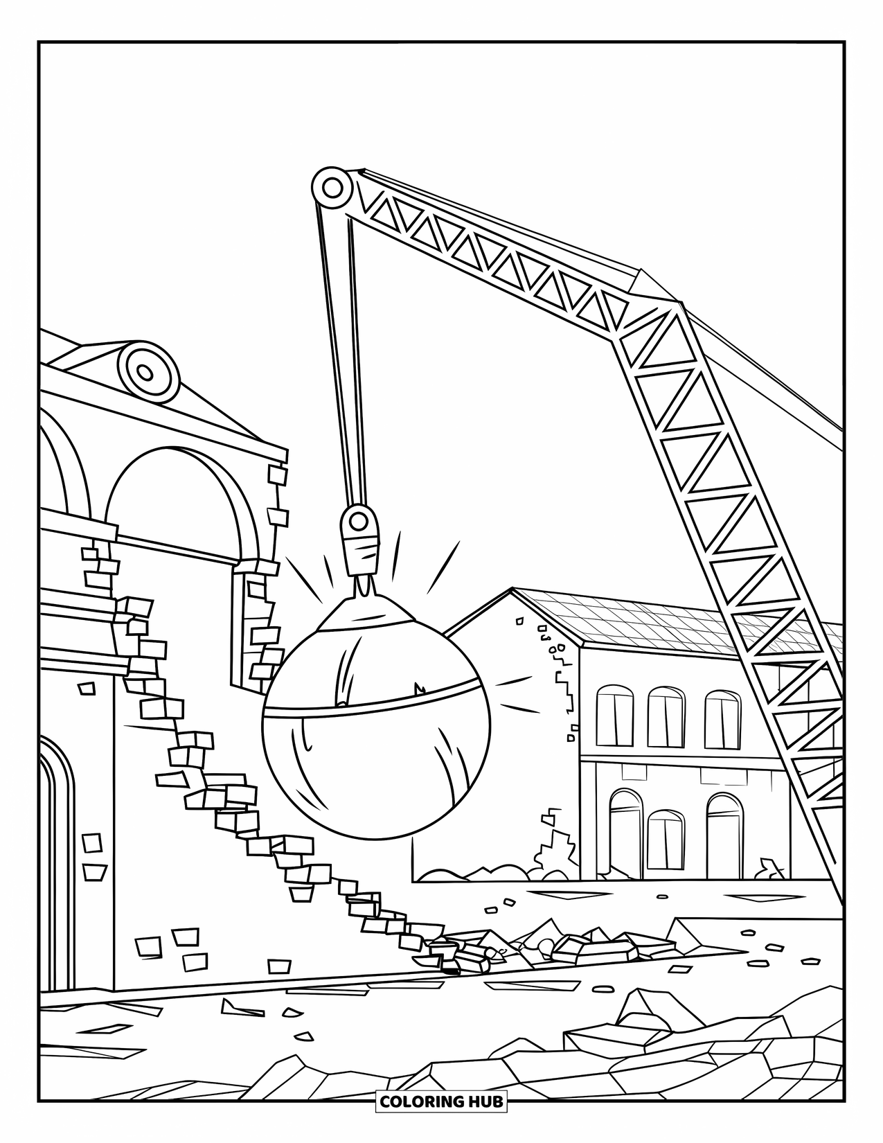 Construction Site Coloring Page for Kids: A wrecking ball swings into a wall at a demolition site full of debris