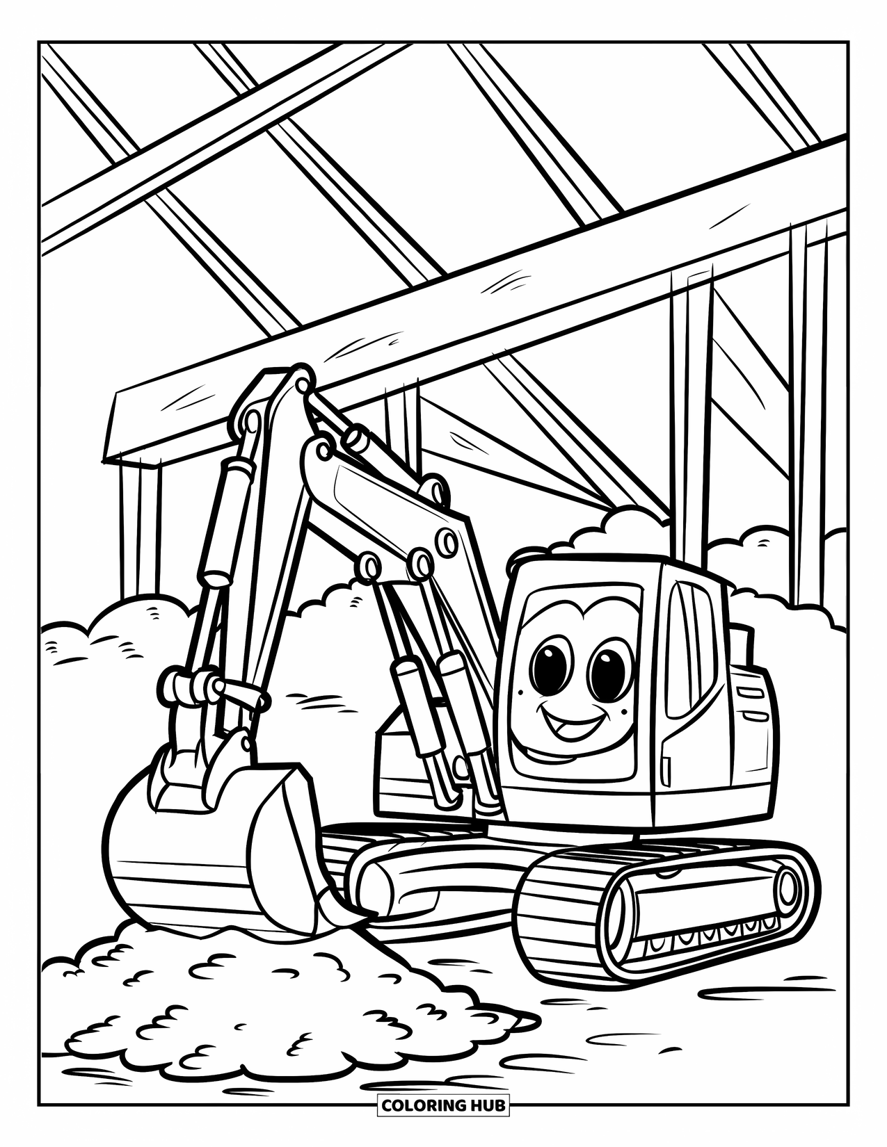 Construction Site Coloring Page for Kids: An excavator scoops dirt beside steel beams at a construction site