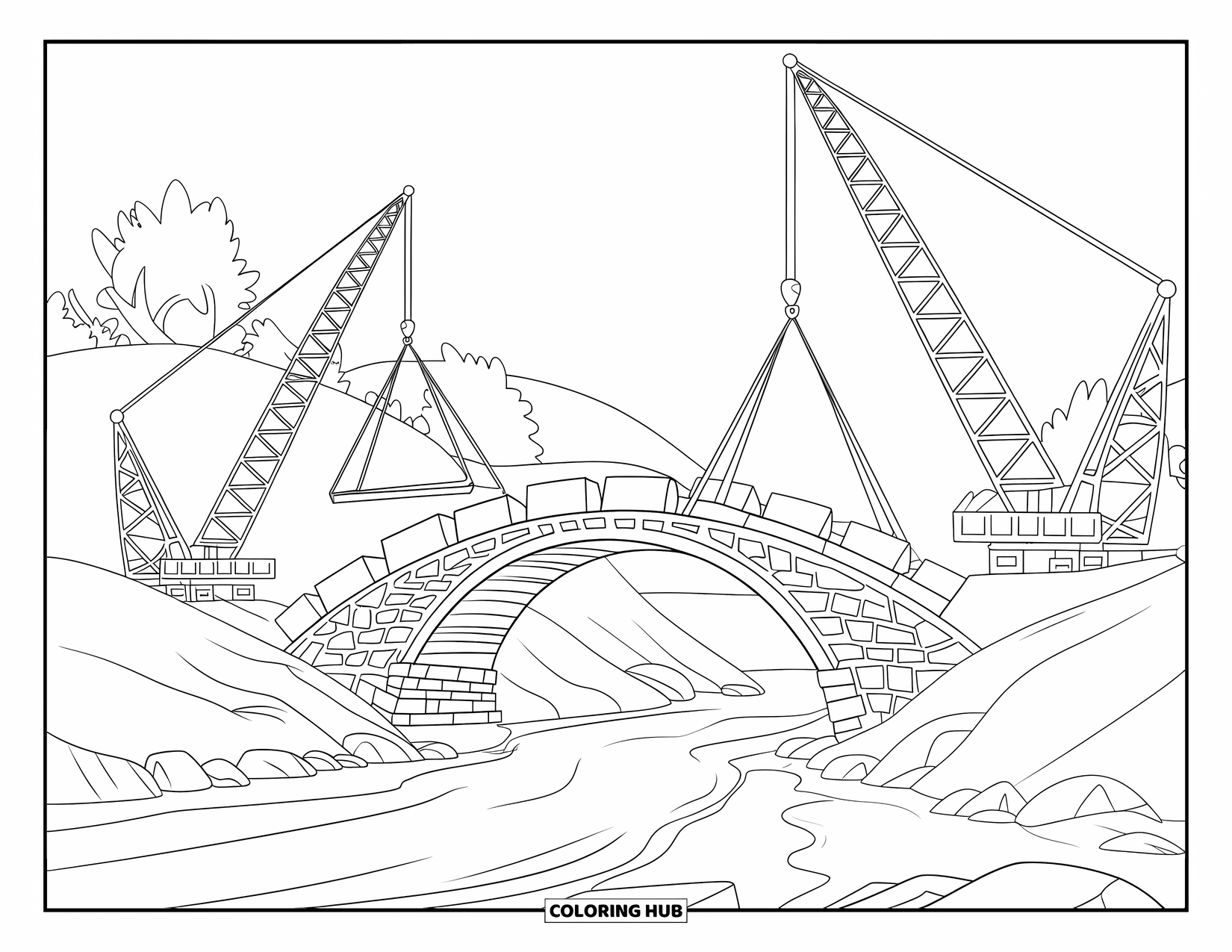 Construction Site Coloring Page for Kids: Cranes help build a bridge as the river flows gently through the rocky valley