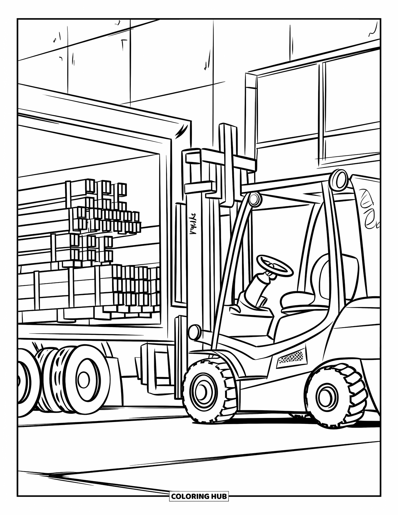 Construction Site Coloring Page for Kids: Steel beams are moved by a forklift beside a delivery truck