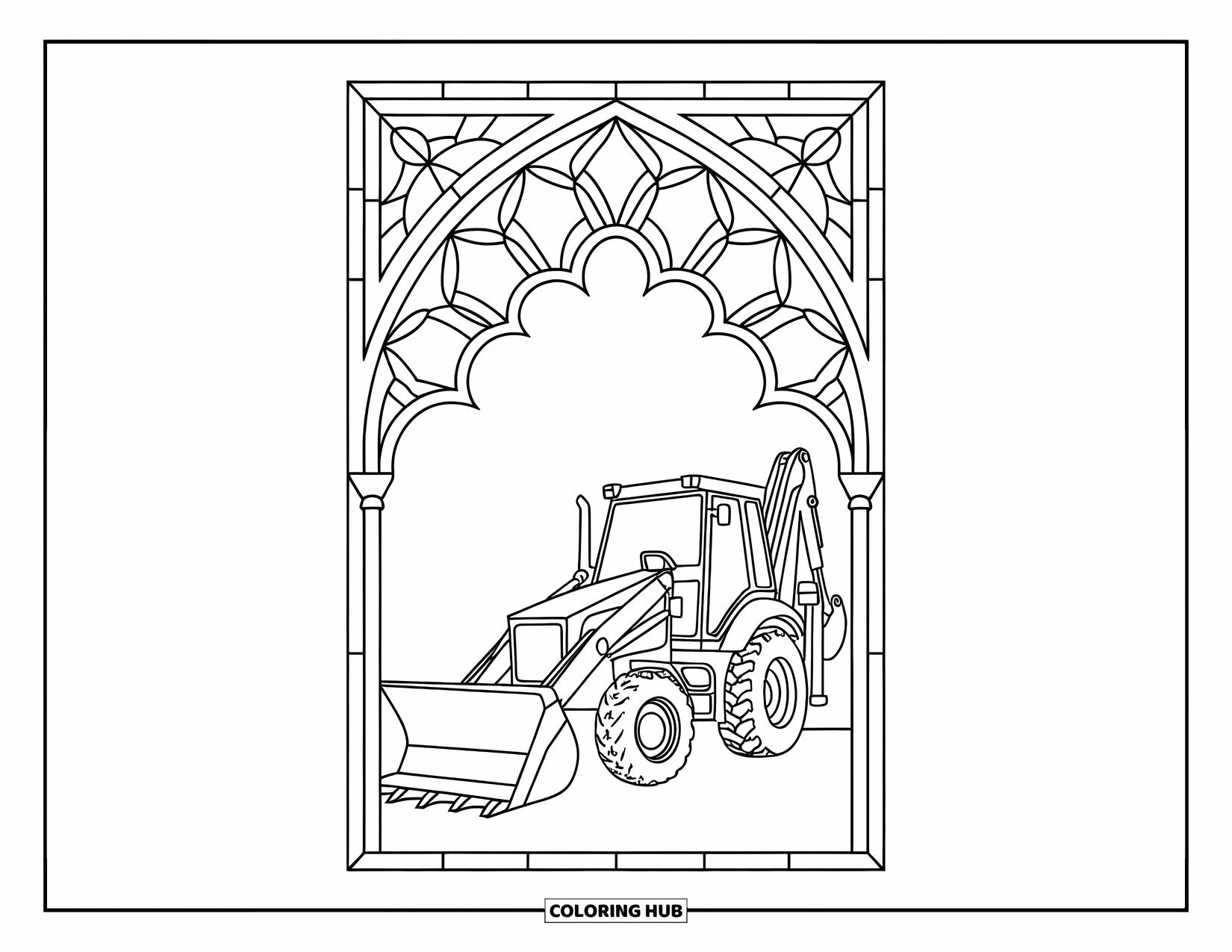 Construction Truck Coloring Page for Adults: A backhoe lifts dirt beside a patterned stained-glass border