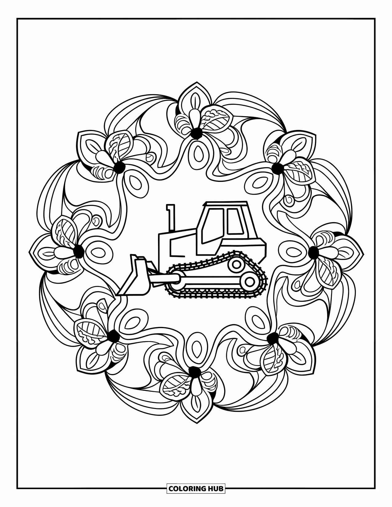 Construction Truck Coloring Page for Adults: A bulldozer is framed by detailed floral mandalas