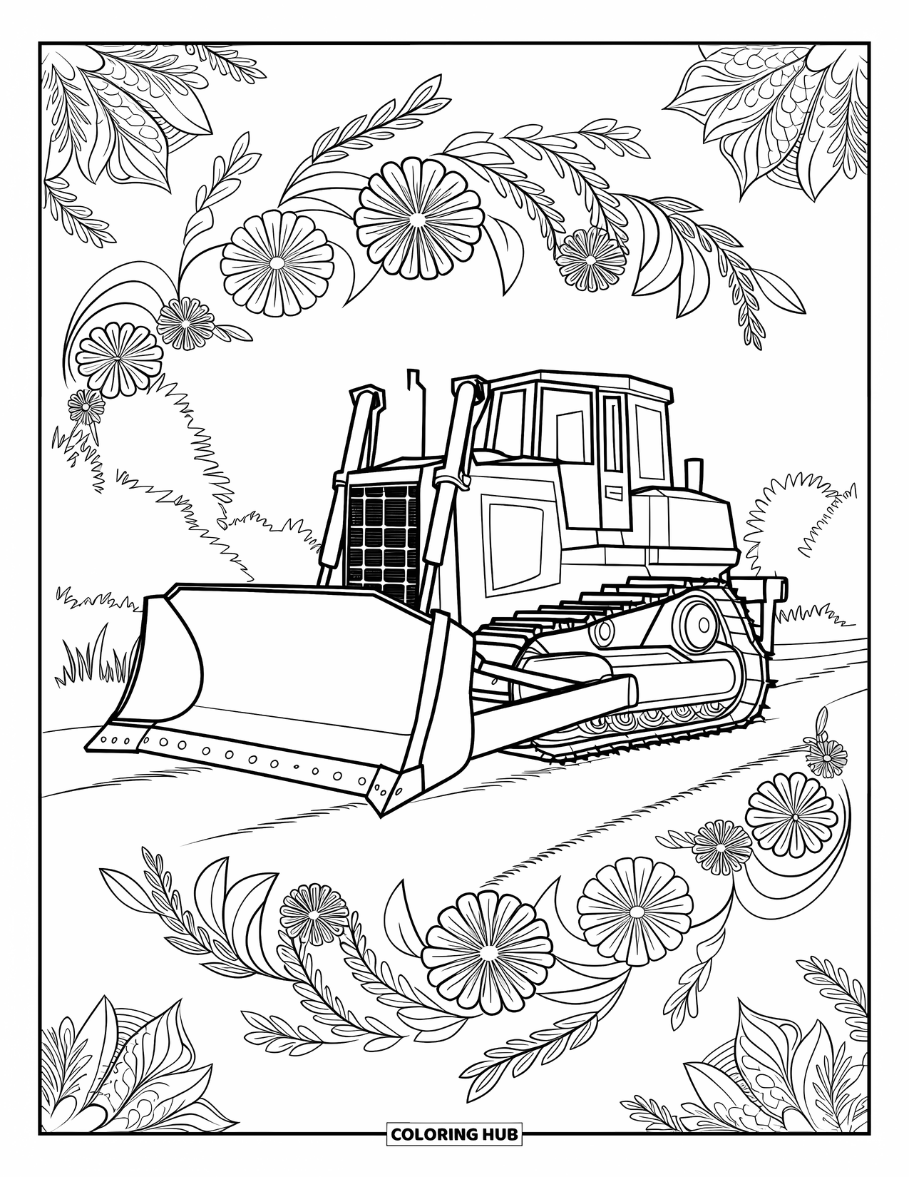 Construction Truck Coloring Page for Adults: A bulldozer rests among floral mandalas and tall trees