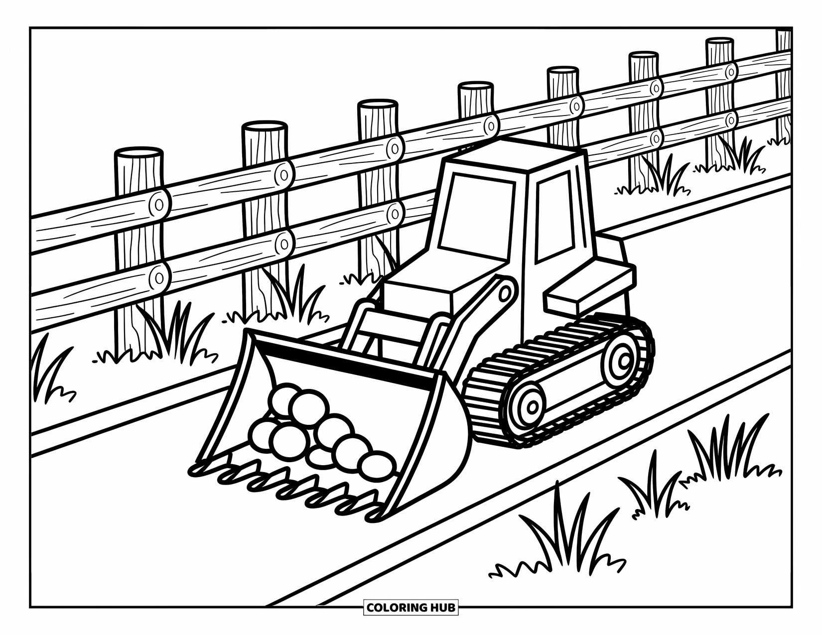 Construction Truck Coloring Page for Adults: A cheerful bulldozer pushes rocks along a path bordered by grass and fences