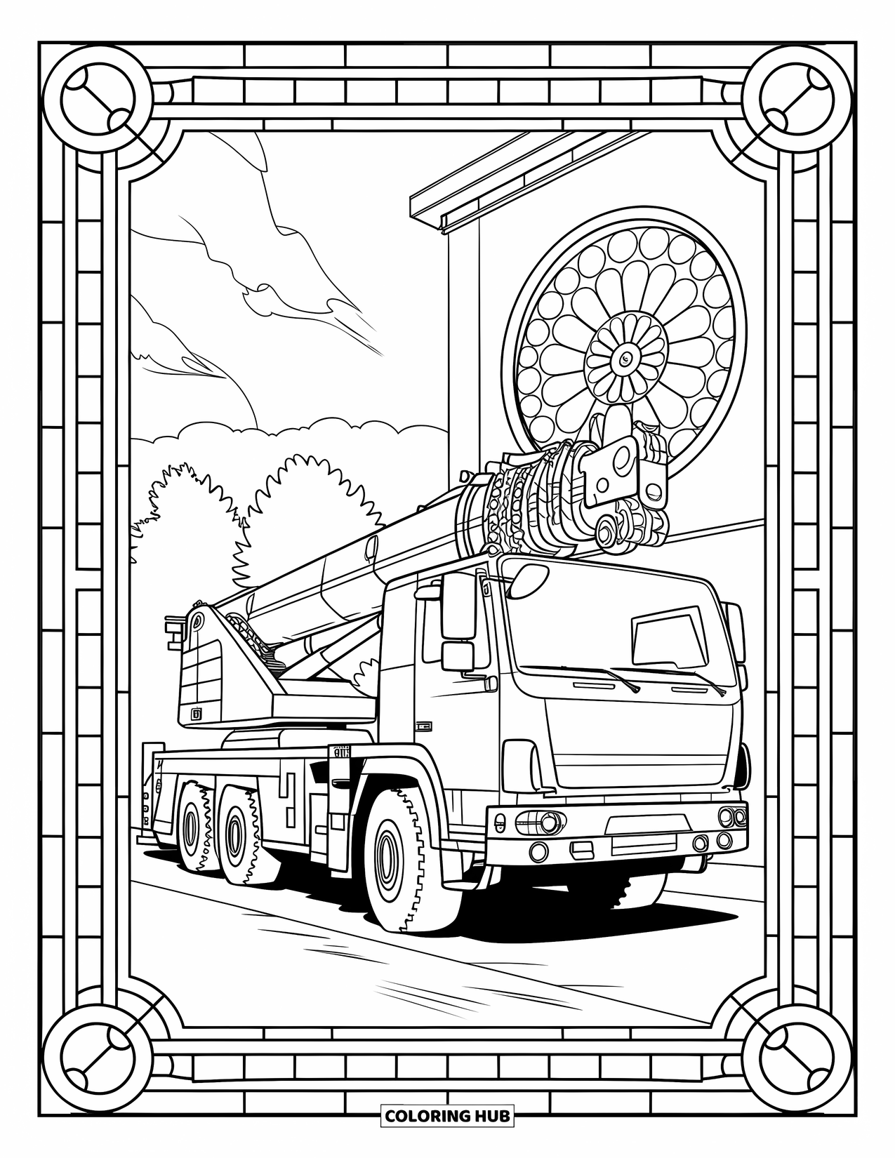 Construction Truck Coloring Page for Adults: A crane truck parks near a building with a rose window and trees