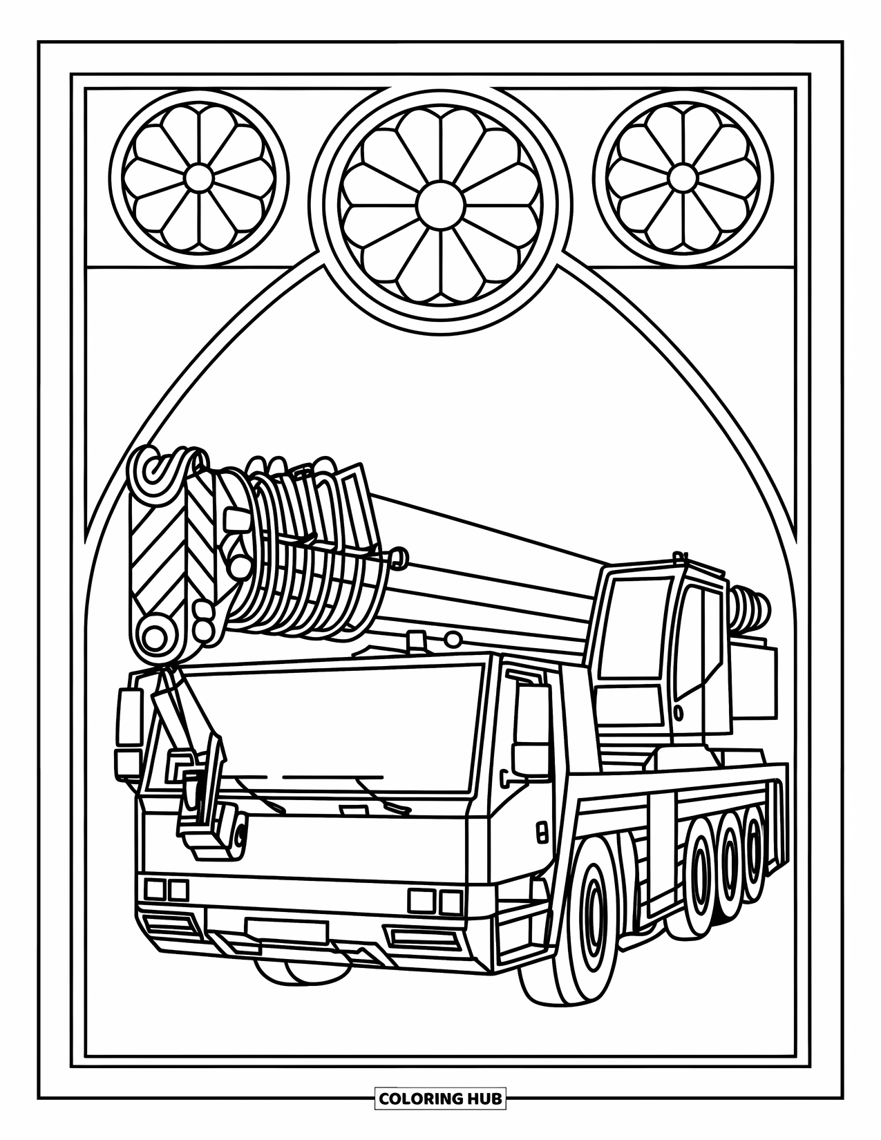 Construction Truck Coloring Page for Adults: A crane truck stands framed by stained-glass panels shaped like a rose window