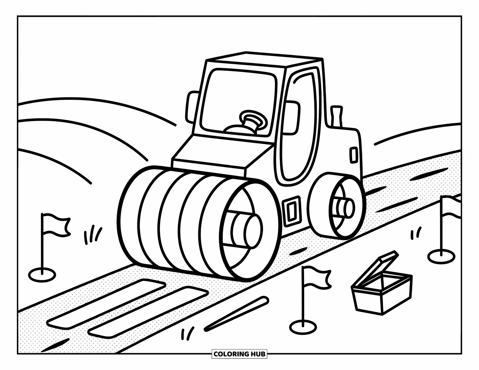 Construction Truck Coloring Page for Adults: A cute road roller flattens dirt with flag markers and a tiny toolbox nearby