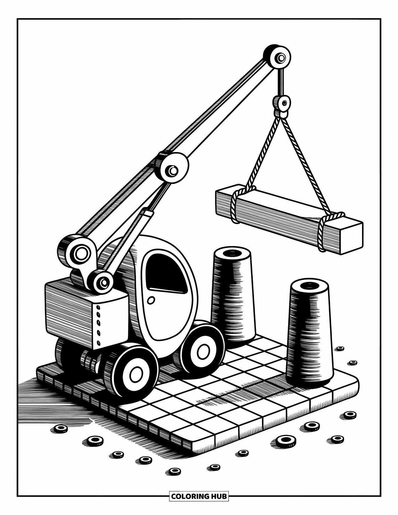 Construction Truck Coloring Page for Adults: A gentle crane raises a beam high above a paved, sunlit platform