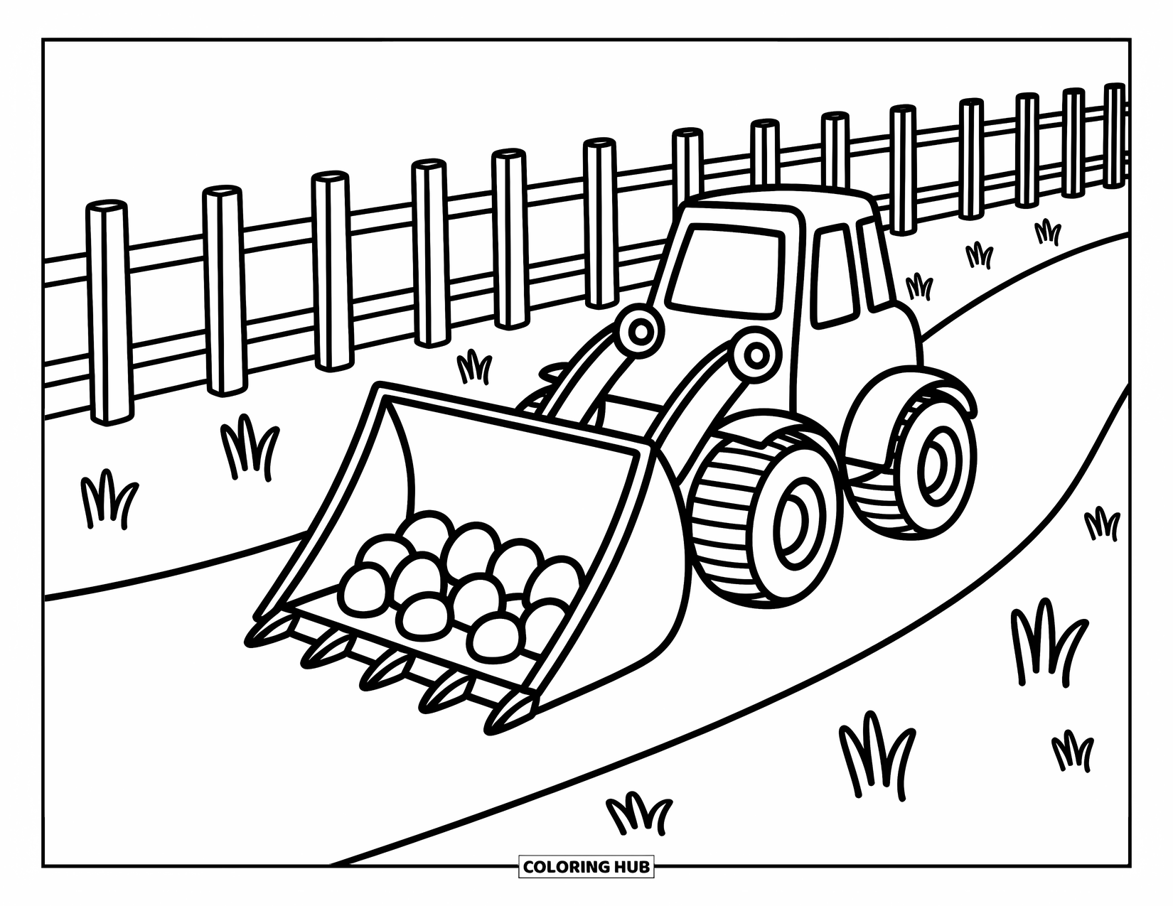 Construction Truck Coloring Page for Adults: A happy bulldozer pushes boulders along a cozy country path