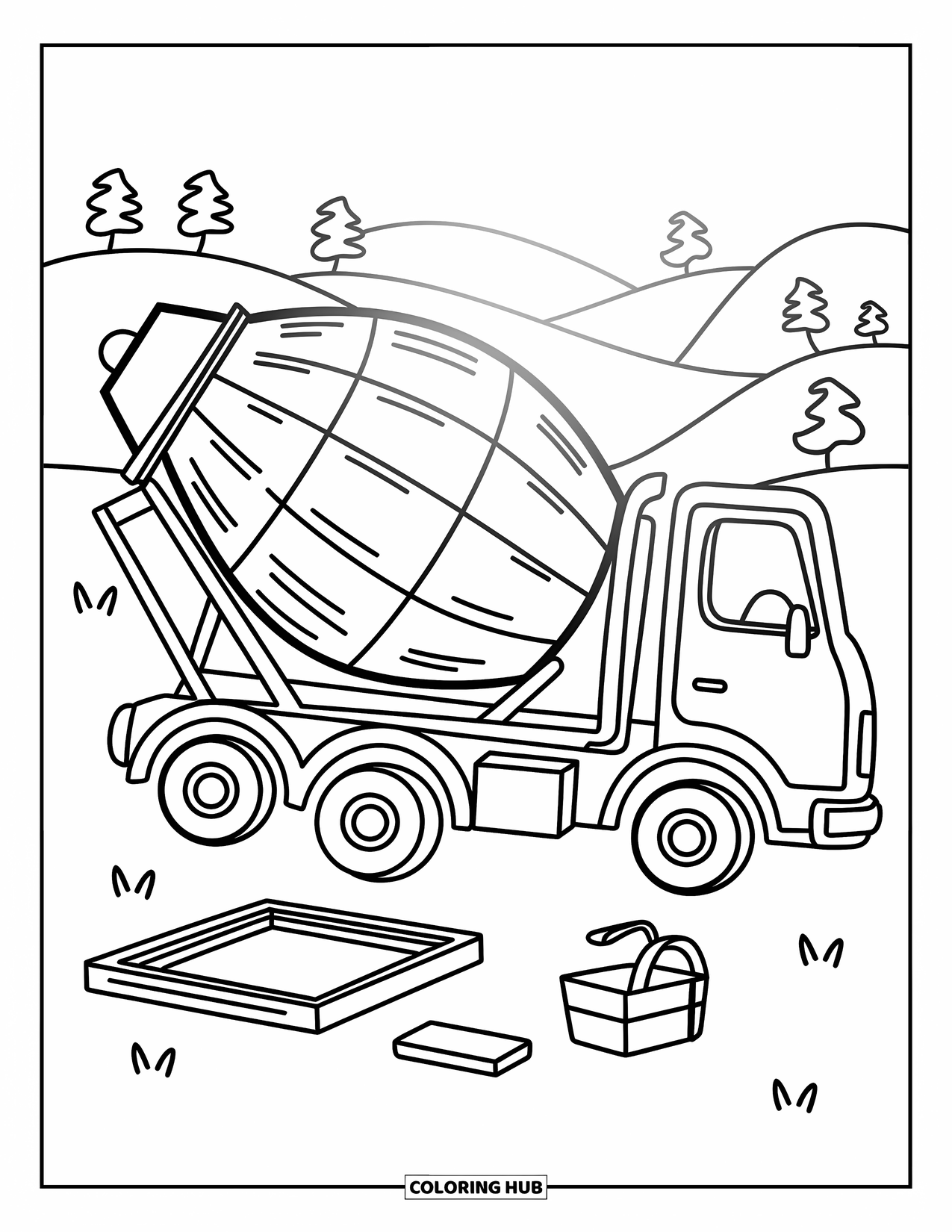Construction Truck Coloring Page for Adults: A small cement mixer works under golden light with tools nearby
