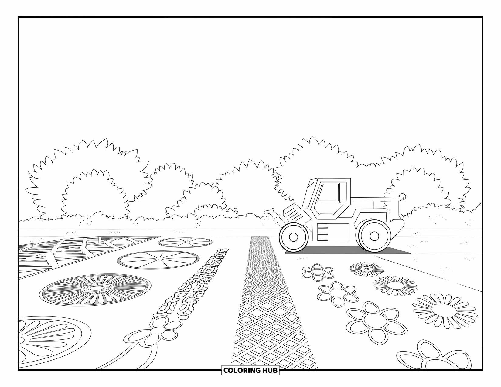 Construction Truck Coloring Page for Adults: A steamroller parks near geometric gardens surrounded by trees