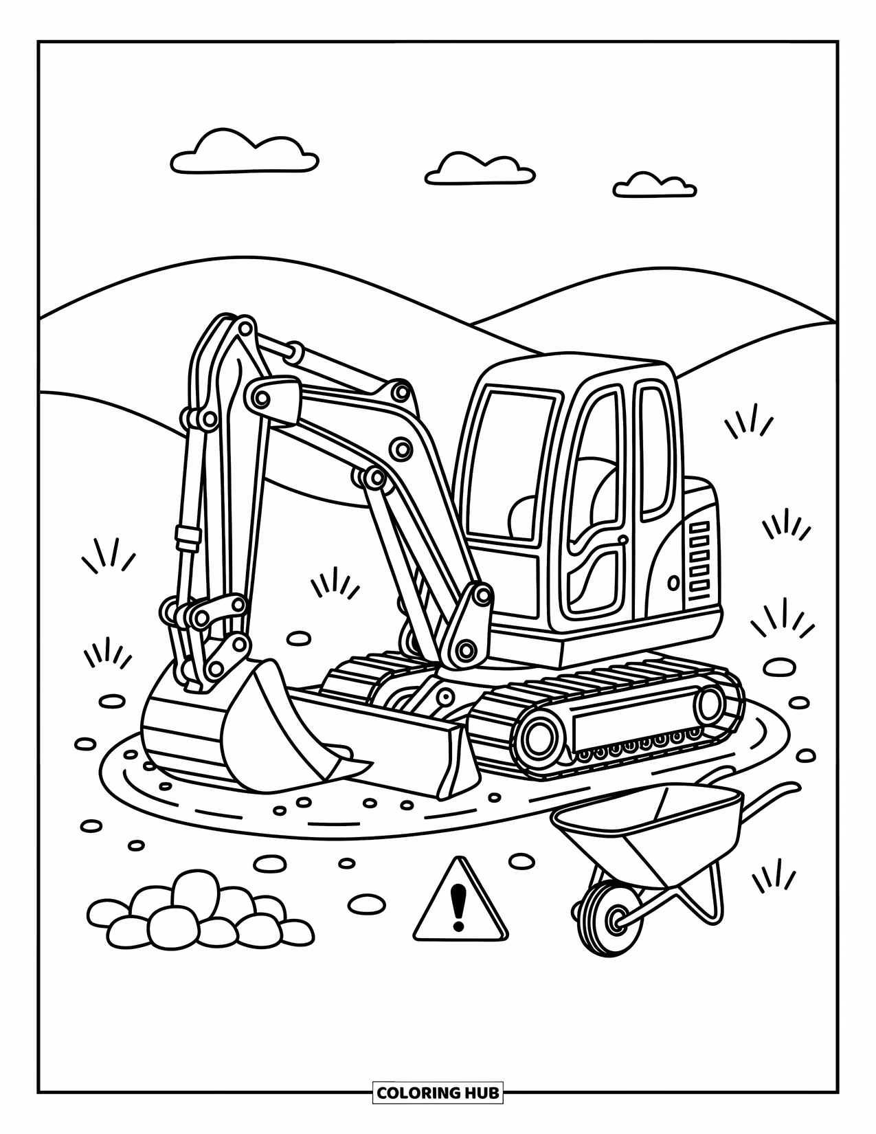 Construction Truck Coloring Page for Adults: An adorable excavator digs pebbles under soft sunlight with grass around