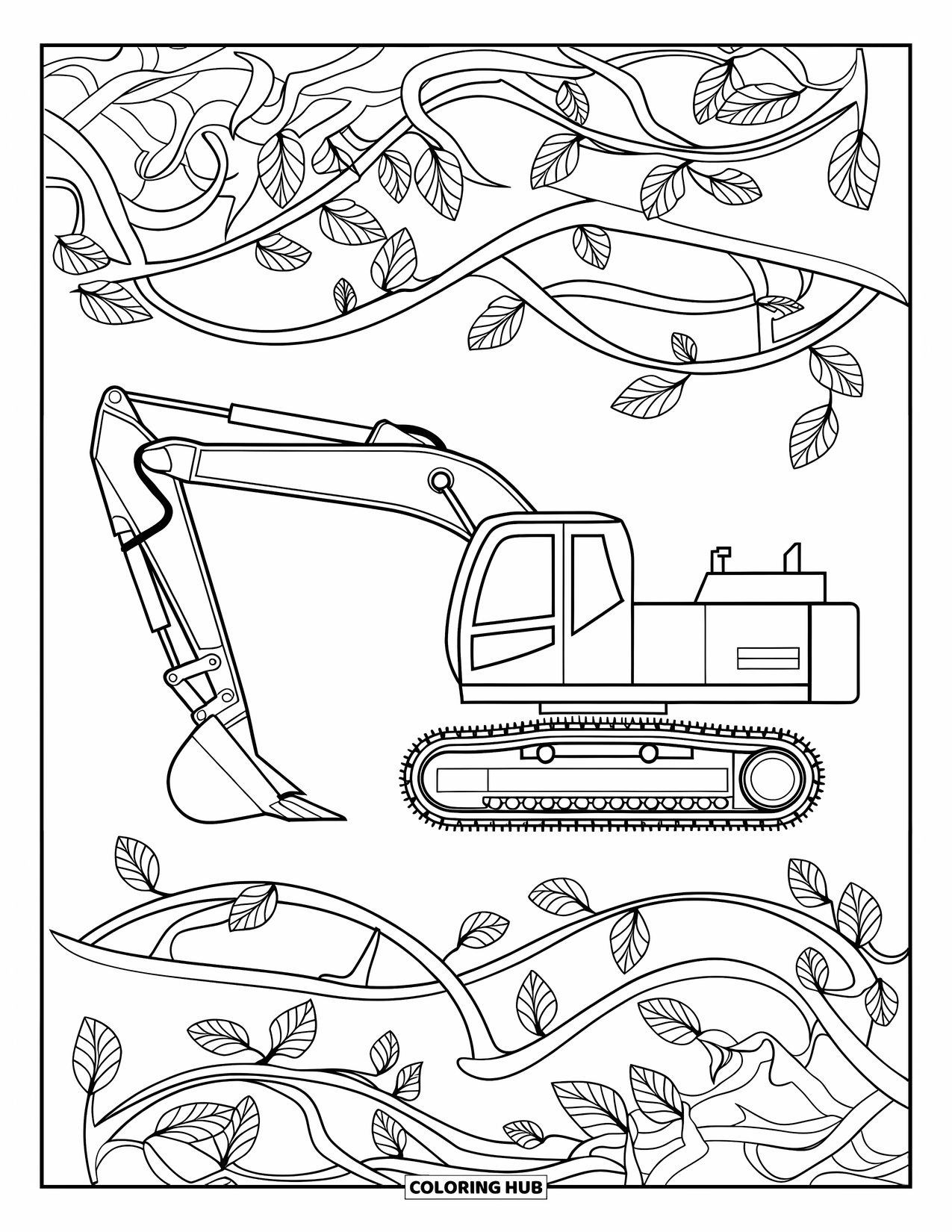 Construction Truck Coloring Page for Adults: An excavator is surrounded by winding leaves and intricate patterns