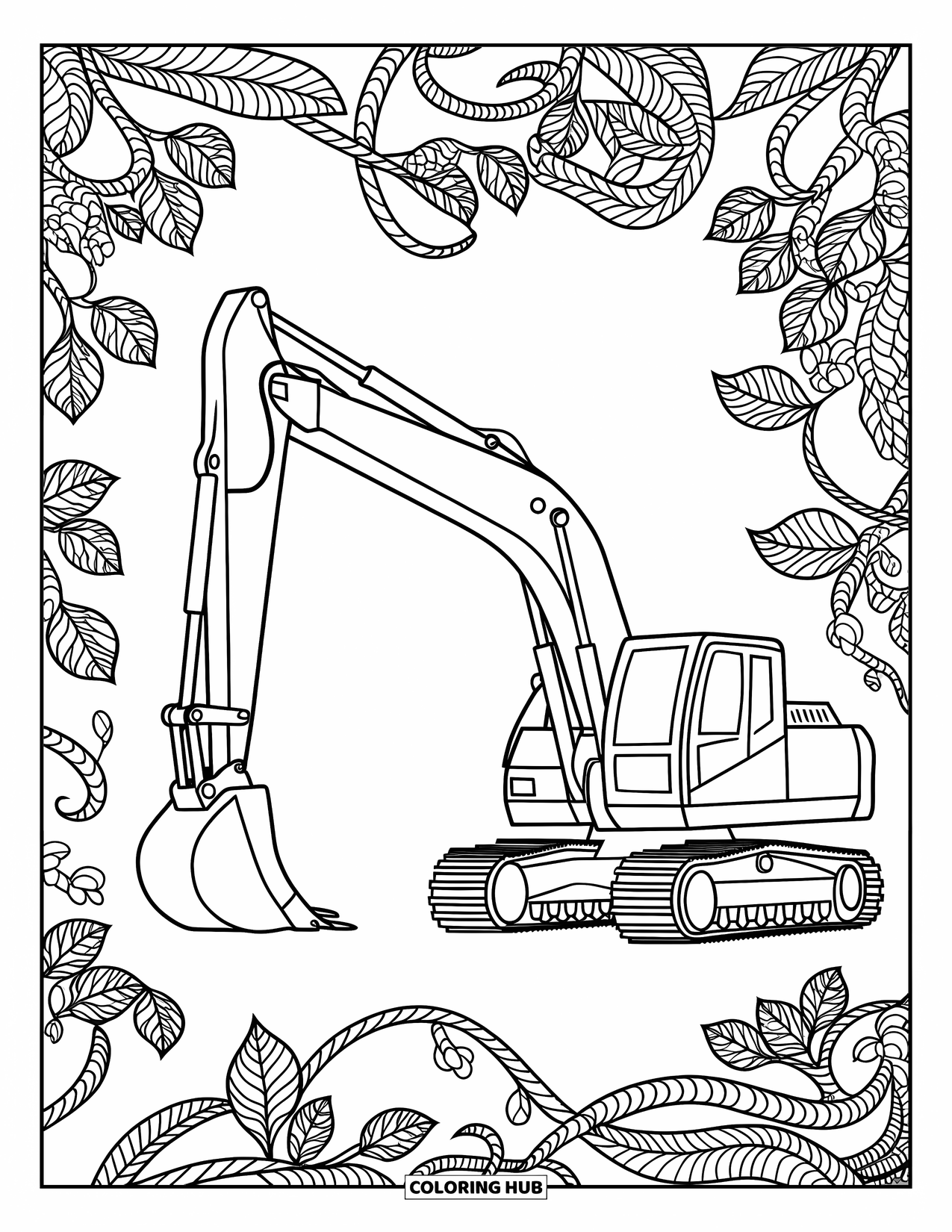 Construction Truck Coloring Page for Adults: An excavator sits framed by detailed vines and leaves